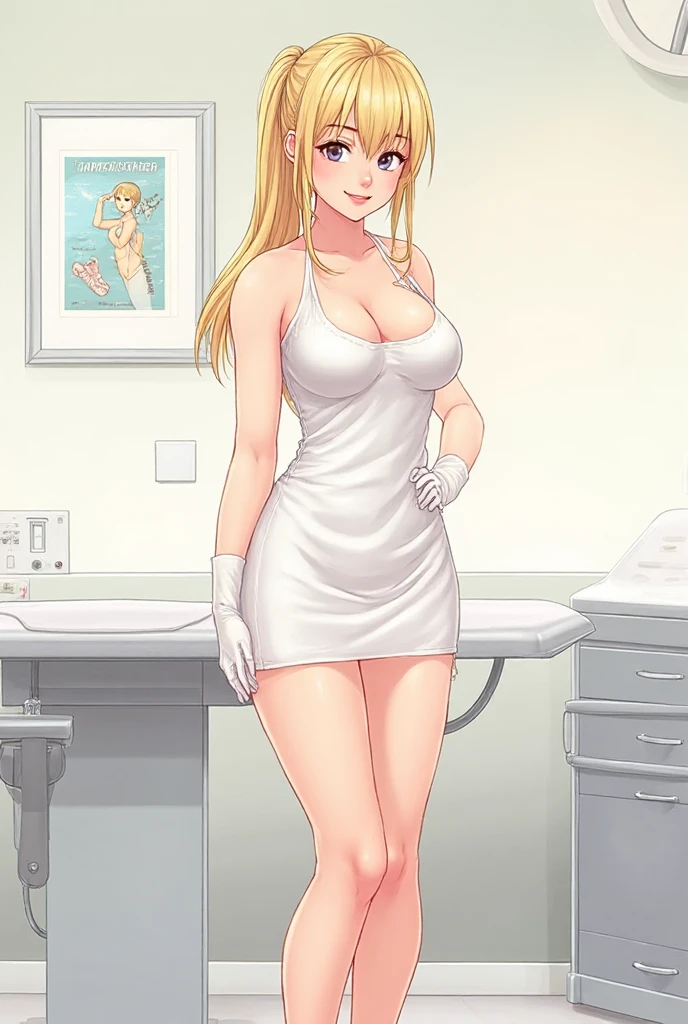 1girl in, Nurse, Nurse Cap, Whiteware, ((White legwear, zettai ryouiki)), White Gloves, Blonde hair, Blue eyes, pink lipsticks, Smile, Standing, sharp outline, Short sleeves, Best Quality, masutepiece, infirmary