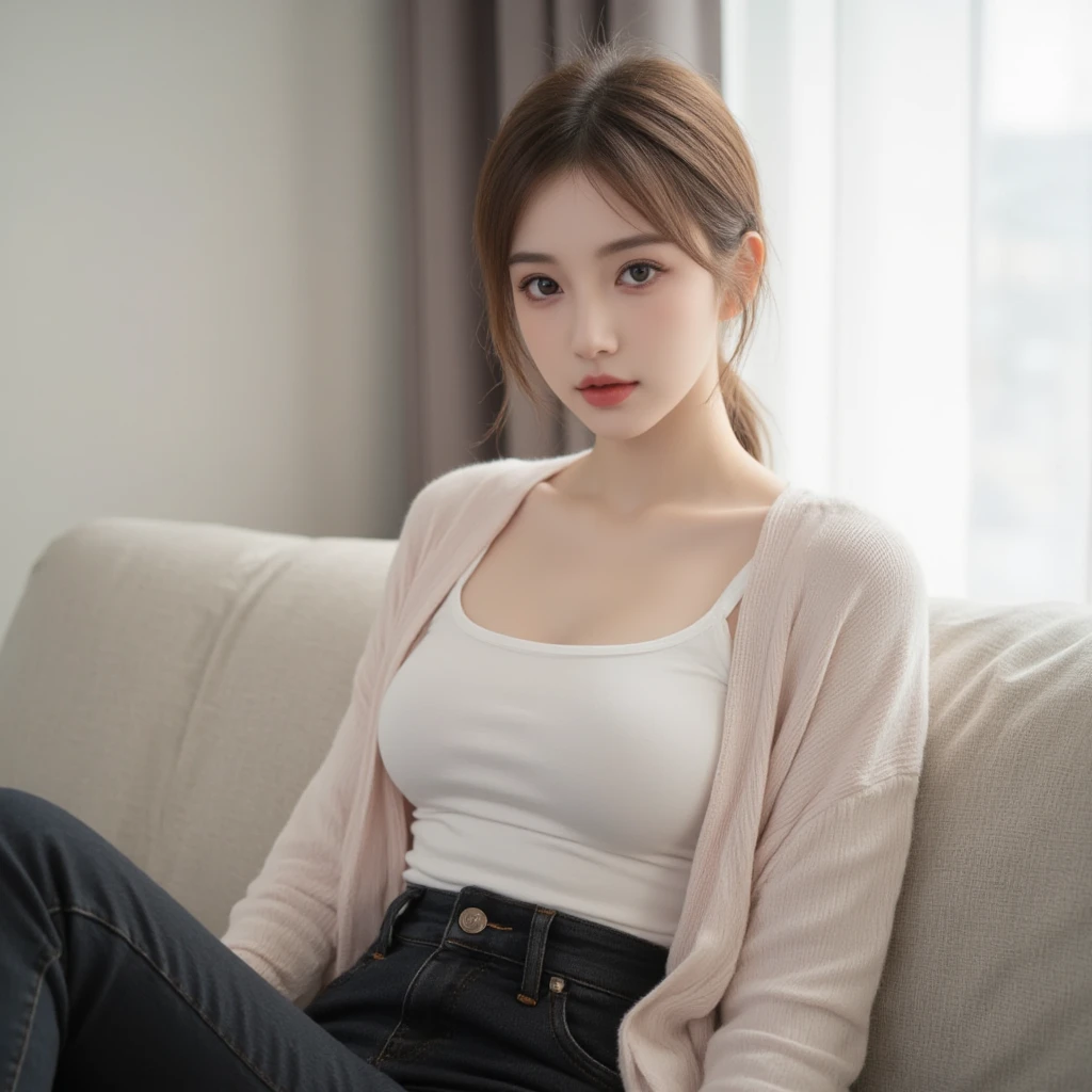 a 19 year old woman, she is the most beautiful actress in the world, the perfect proportions of her body, tight t- shirt is worn on her upper body, her of her lower body are , the inside her opened between her opened legs is seeable, her is seeable, her detailed and her pubic hair, she is sitting on a sofa of the living room, her is under her , , best quality, highly detailed, masterpiece, ultra high res, photo realistic, 8k