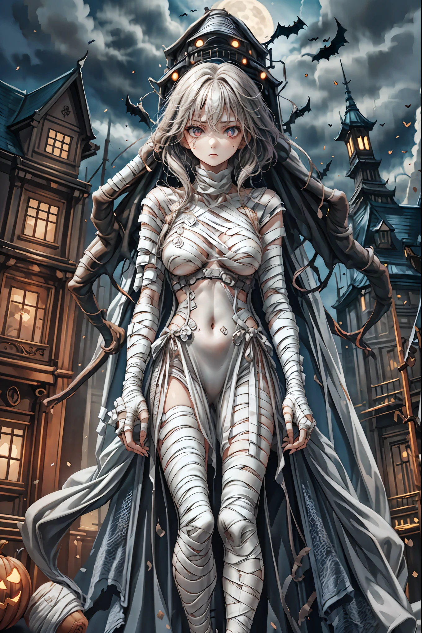 (((Bandage girl)))、Beautiful girl,Halloweenの夜,怪物に取り囲まれたCity, A girl being controlled by a monster , Transforming into a monster , A city filled with skyscrapers ,Cityの夜景
少女の傷付いた姿, A girl's expression is gloomy and gloomy ,frightened posture, A girl hiding her wounds with bandages , A monster's shadow creeps in the background , Surrounded by monsters ,Cityの高層ビルが立ち並ぶ夜景, A girl illuminated by the buildings , A dark, frightening atmosphere
masterpiece,4K,HDR,super precise,フォトreal,real,professional,vivid,horror,sf,dark,Halloween,dark atmosphere,fantastic,Gothic,City,Buildingscape