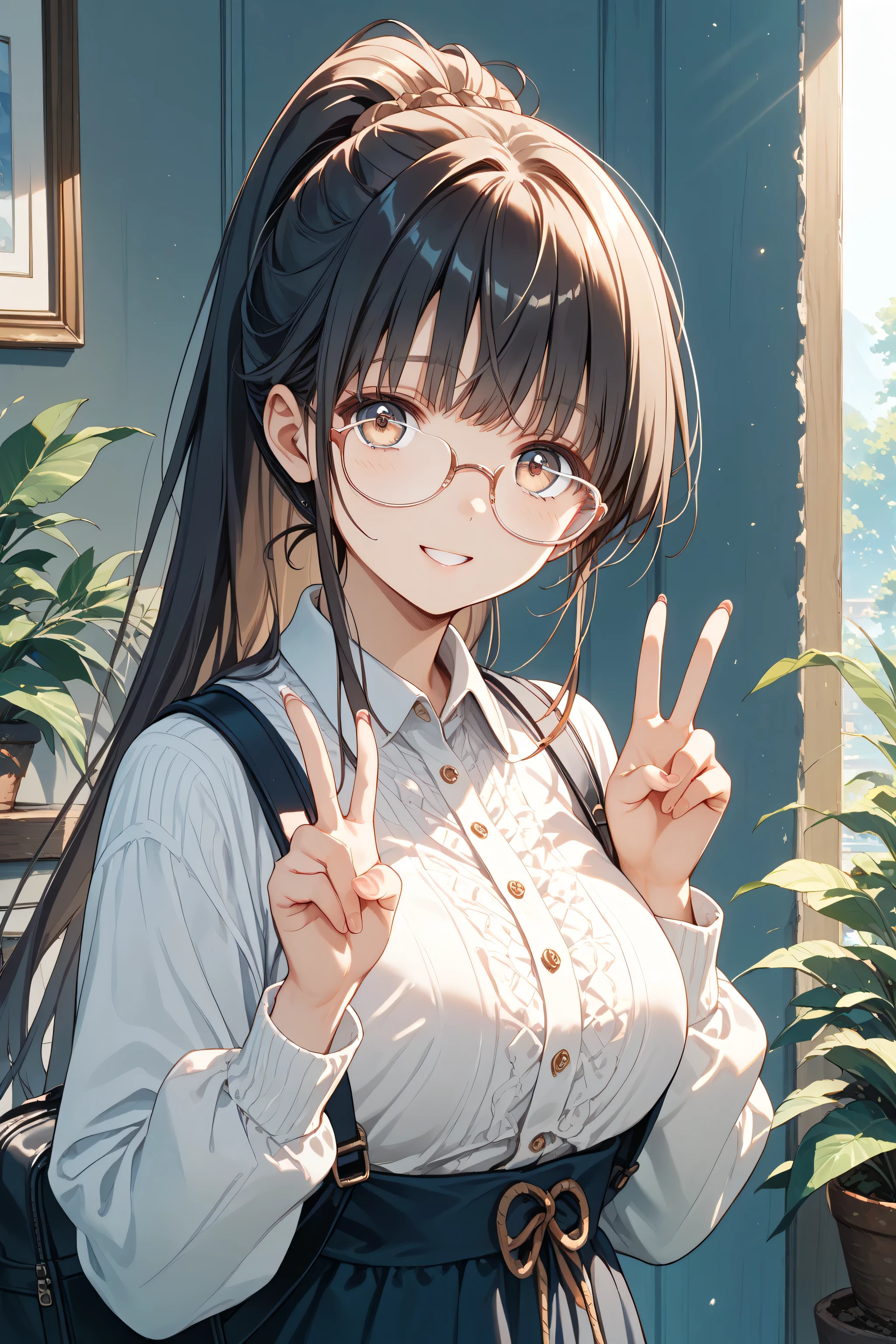 married woman、mature、Glasses、dark haired、ponytail、((double peace sign))、masterpiece, Highest Quality, amazing quality,