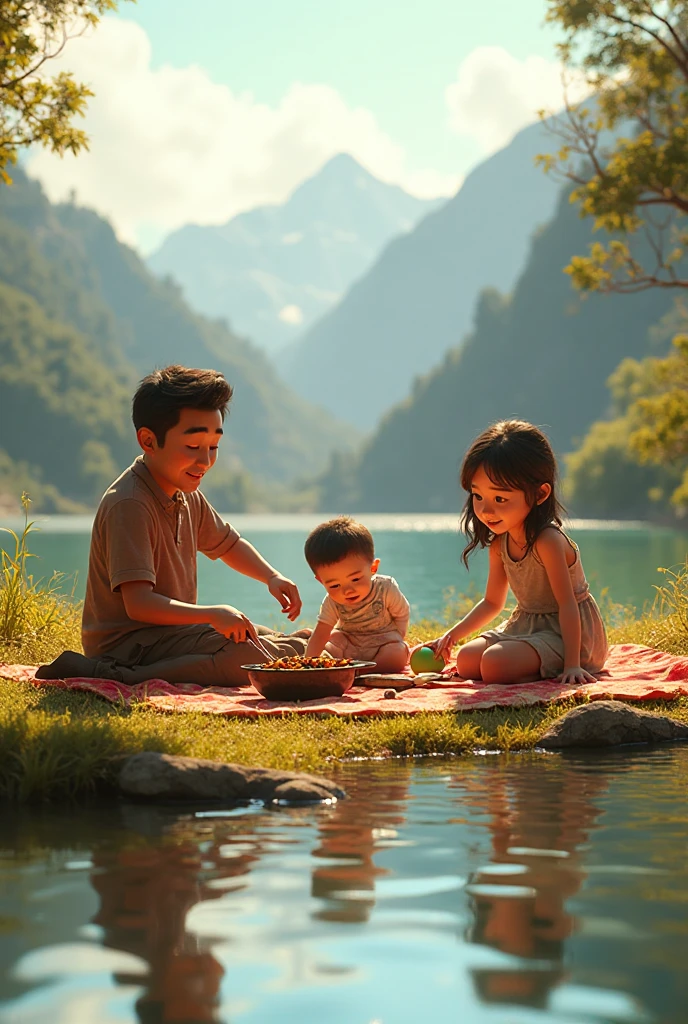 poster style, in sunny summer, outdoors, parentsand two kids, interact, have a picnic, car, tent,campinga, little flowers and plants, lake water,clean blue sky, natural green color, hand paintingstyle, wide angle, close -up view, perfect details, --auto