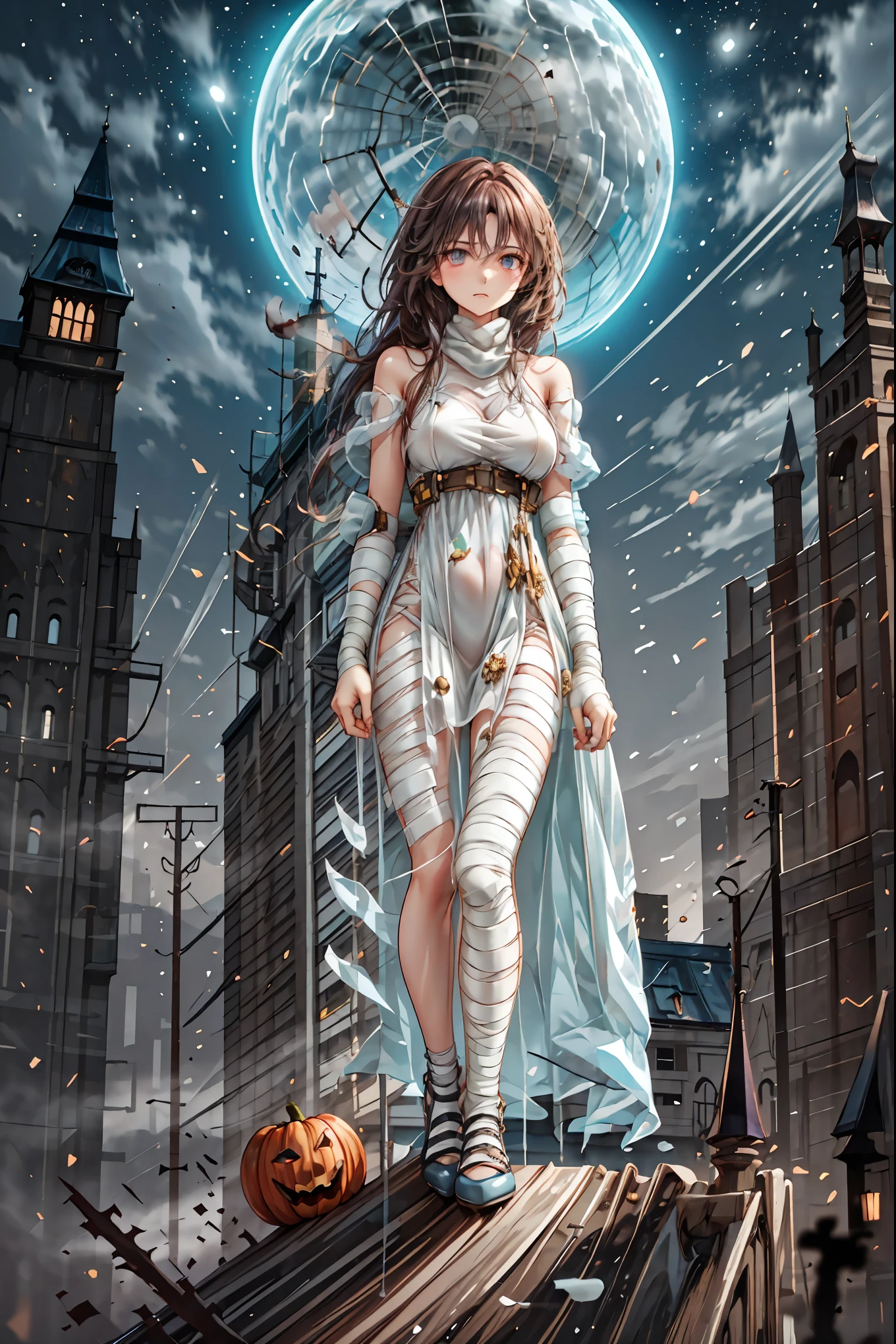 (((Bandage girl)))、Beautiful girl,Halloweenの夜,怪物に取り囲まれたCity, A girl being controlled by a monster , Transforming into a monster , A city filled with skyscrapers ,Cityの夜景
少女の傷付いた姿, A girl's expression is gloomy and gloomy ,frightened posture, A girl hiding her wounds with bandages , A monster's shadow creeps in the background , Surrounded by monsters ,Cityの高層ビルが立ち並ぶ夜景, A girl illuminated by the buildings , A dark, frightening atmosphere
masterpiece,4K,HDR,super precise,フォトreal,real,professional,vivid,horror,sf,dark,Halloween,dark atmosphere,fantastic,Gothic,City,Buildingscape
