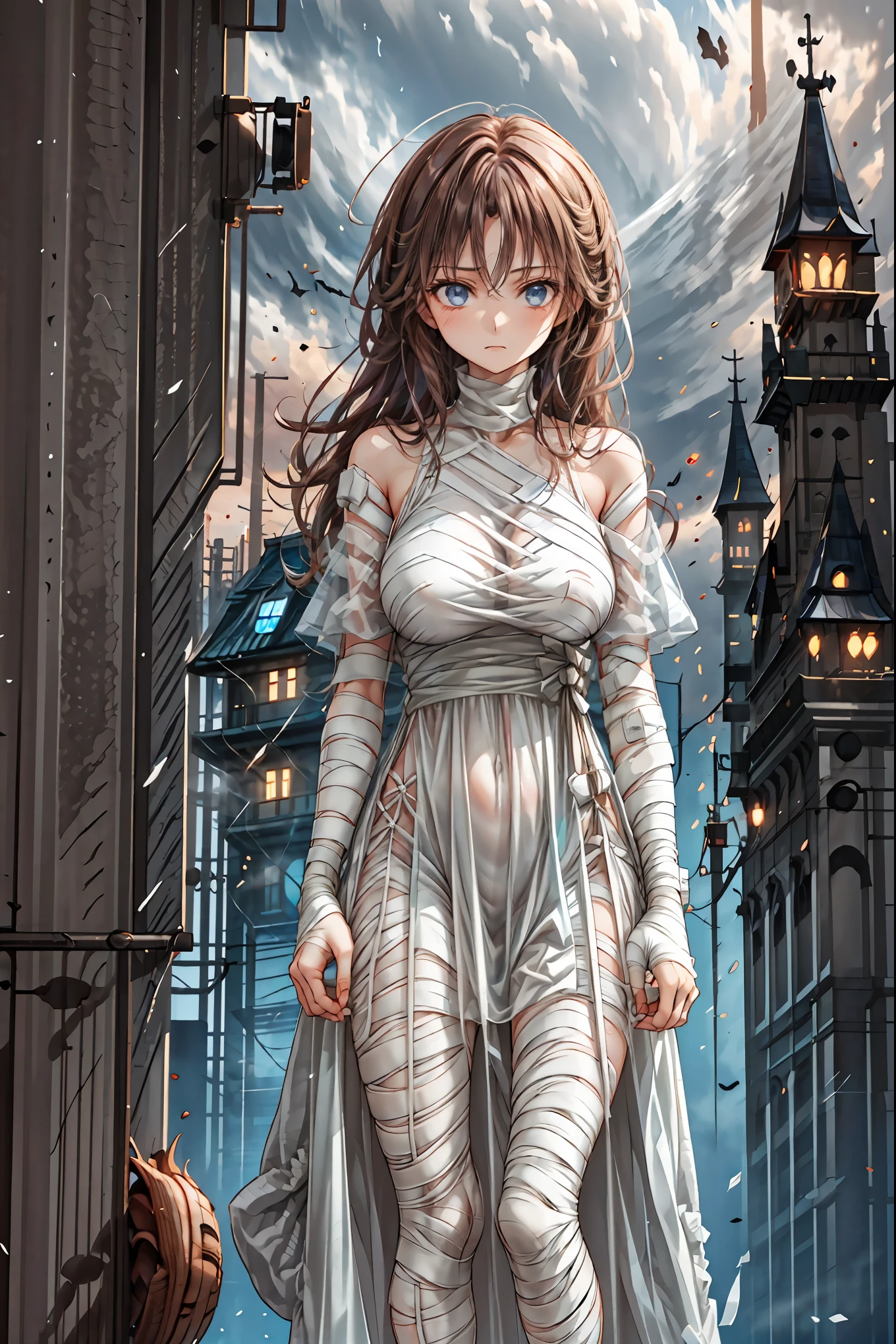 (((Bandage girl)))、Beautiful girl,Halloweenの夜,怪物に取り囲まれたCity, A girl being controlled by a monster , Transforming into a monster , A city filled with skyscrapers ,Cityの夜景
少女の傷付いた姿, A girl's expression is gloomy and gloomy ,frightened posture, A girl hiding her wounds with bandages , A monster's shadow creeps in the background , Surrounded by monsters ,Cityの高層ビルが立ち並ぶ夜景, A girl illuminated by the buildings , A dark, frightening atmosphere
masterpiece,4K,HDR,super precise,フォトreal,real,professional,vivid,horror,sf,dark,Halloween,dark atmosphere,fantastic,Gothic,City,Buildingscape
