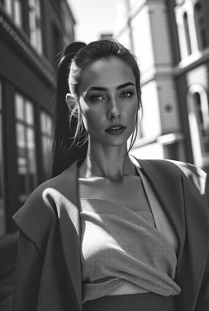 une femme, (((corps entier))), debout, ((Lituanie)), (((Vilnius))), jolie visage, beau corps, blonde, ((green top)), ((bas rouge)), smirk, ((Vilnius Arkikatedra)), ((Tour de Gediminas)), Katedros aiksté