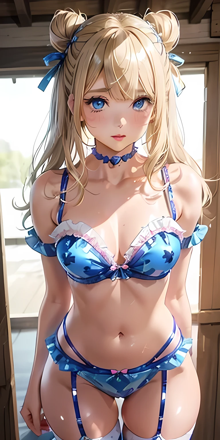 score_9, score_8_up, score_7_up,  source_anime, 1girl, solo, absolutely resolution, cowboy shot,
<lora:bachiboko_piercing_ojousama_v1-rev3:0.9> bachiboko_piercing_ojousama, blonde hair, blue eyes, large breasts, half-closed eyes, narrow waist, 
BREAK (blue ribbon piercing, blue corset pearcing:1.3), (anti-eyebrow piercings ,   neck piercing, nail polish, navel piercing:1), 
blush, kindly smile, closed mouth, embarrassed, 
white frilled bra, lace-trimmed panties, 
  <lora:Top_Off_PonyV2:0.5> topoffk1ck1x, phase3, undressing, arms up