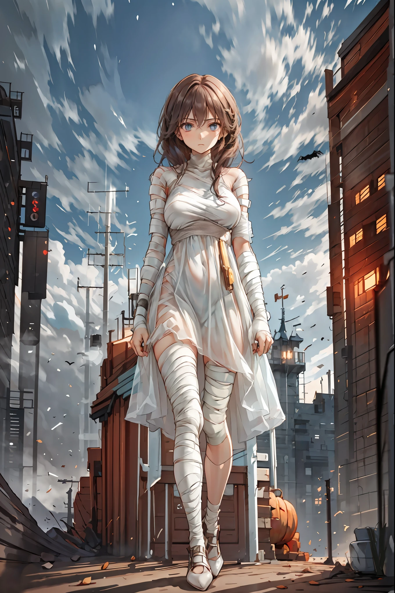 (((Bandage girl)))、Beautiful girl,Halloweenの夜,怪物に取り囲まれたCity, A girl being controlled by a monster , Transforming into a monster , A city filled with skyscrapers ,Cityの夜景

少女の傷付いた姿, A girl's expression is gloomy and gloomy ,frightened posture, A girl hiding her wounds with bandages , A monster's shadow creeps in the background , Surrounded by monsters ,Cityの高層ビルが立ち並ぶ夜景, A girl illuminated by the buildings , A dark, frightening atmosphere

masterpiece,4K,HDR,super precise,フォトreal,real,professional,vivid,horror,sf,dark,Halloween,dark atmosphere,fantastic,Gothic,City,Buildingscape 