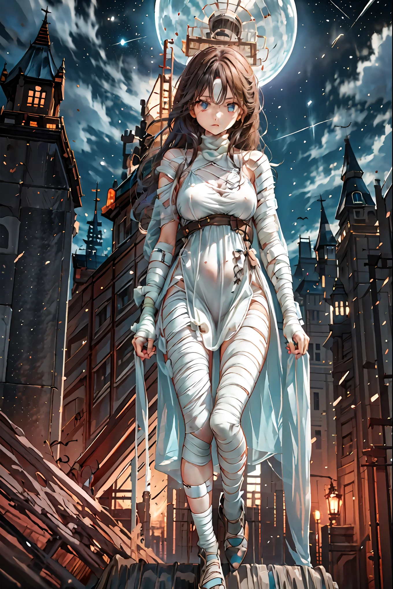 (((Bandage girl)))、Beautiful girl,Halloweenの夜,怪物に取り囲まれたCity, A girl being controlled by a monster , Transforming into a monster , A city filled with skyscrapers ,Cityの夜景
少女の傷付いた姿, A girl's expression is gloomy and gloomy ,frightened posture, A girl hiding her wounds with bandages , A monster's shadow creeps in the background , Surrounded by monsters ,Cityの高層ビルが立ち並ぶ夜景, A girl illuminated by the buildings , A dark, frightening atmosphere
masterpiece,4K,HDR,super precise,フォトreal,real,professional,vivid,horror,sf,dark,Halloween,dark atmosphere,fantastic,Gothic,City,Buildingscape
