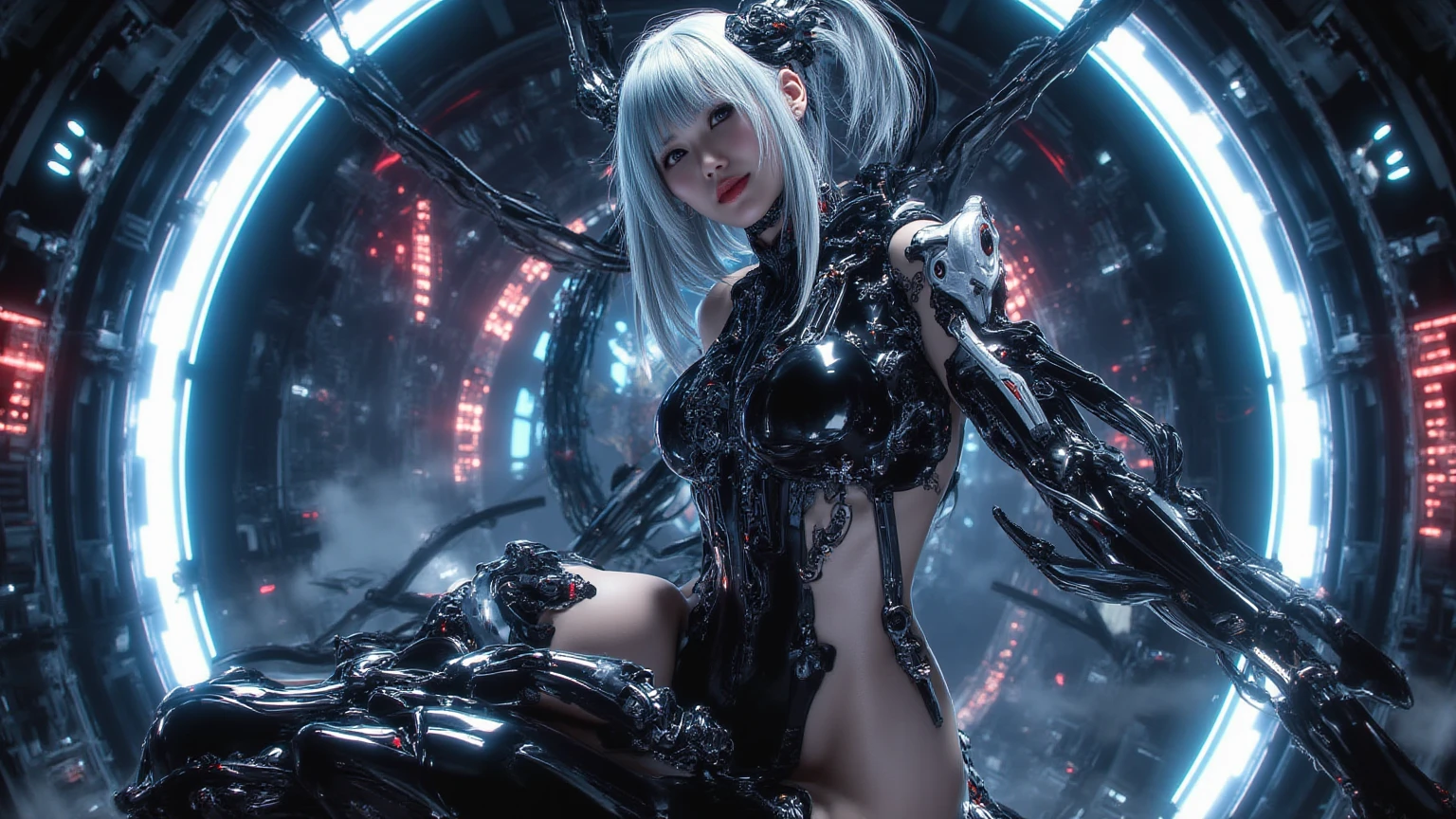 ((highest quality)), (masterpiece)), (be familiar with:1.4), 3D, beautiful cyberpunk woman image、(european:2)、(exposed skin:1.3)、Battle Jacket、cute、(be familiar withな顔:1.5)、silver hair、HDR,ray tracing,NVIDIA RTX,super resolution,unreal 5,scattered below the surface,PBR texturing,Post-processing,anisotropic filtering,written boundary depth, maximum clarity and sharpness, multilayer texture, Albedo and specular maps, surface shading, Accurate simulation of light-matter interactions, perfect proportions, octane rendering, two-tone lighting, wide aperture, Low ISO, White balance, Rule of thirds, 8,000 students, (Circuit Board AI:1.2)、(barefoot)、(spread your legs:1.5)