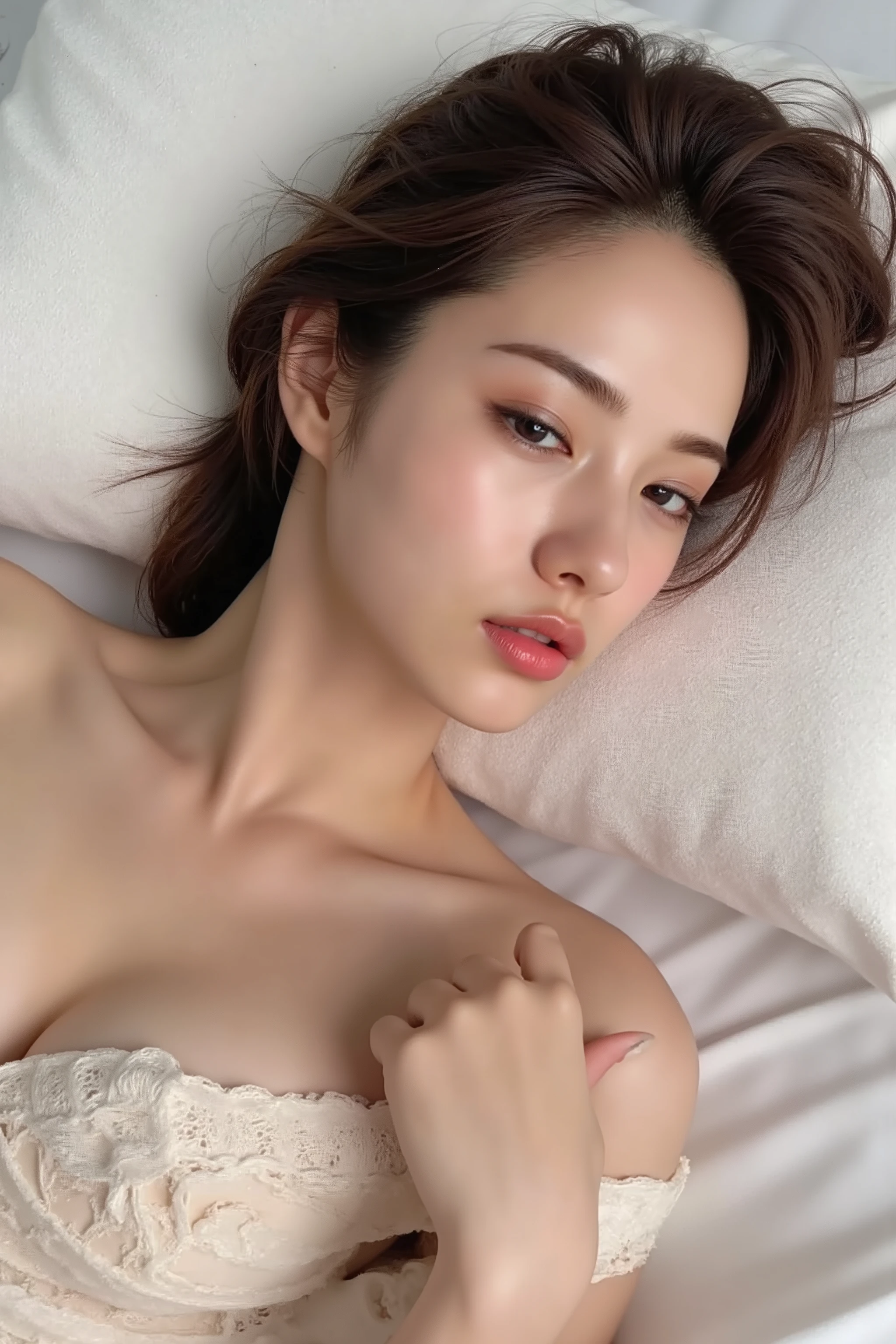 score_9, score_8 or more, score_7 or more, score_6+, score_5+ , score_4 or more, 8K Ultra HD, nsfw, ((Highest Quality: 1.4, masterpiece: 1.4, super high resolution: 1.4, high resolution low color: 1.4, photorealistic: 1.4, Dynamic Configuration)) ((This image depicts a beautiful girl lying down: 1.5, Small Faces)), close up from chest to head: 1.5、Sleeping with the bath towel on. ((, shiny skin: 1.4, makeup: 1.4,  prominent cheekbones: 1.2, white skin: 1.4, skin depicted in detail: 1.5, Fine wrinkles)), ((tousled wavy long hair: 1.4,  black brown hair: 1.4)), (very thin body: 1.5, Very small、well-shaped breasts: 1.4, Accurate Chest Shape: 1.4), (((resting on a pillow, , not wearing clothes))), ((After undressing, after strenuous exercise: 1.4, )), . ((correct anatomical structure: 1.4, carefully drawn hands and feet: 1.4, correct 5 fingers: 1.5)), --no text.