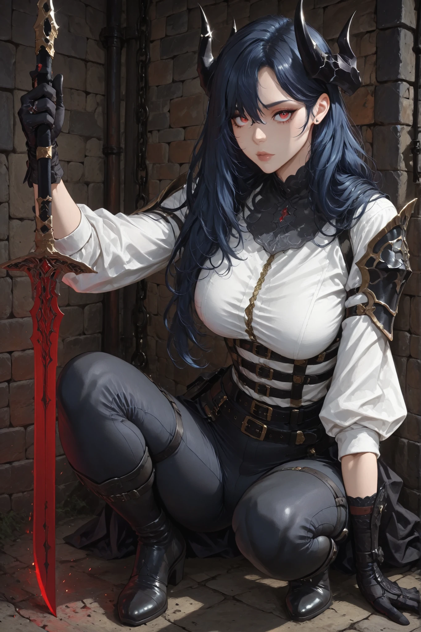tight white blouse with golden buttons, high-waisted black fitted pants, black gloves, black high-heeled boots, gothic armored shoulder pad,Caera Denoir, 1girl, solo,dark blue hair, long hair, franja reta, intricate demon horns, red eyes, santos lindos rostos detalhados, olhos profundos bonitos e detalhados, hanging a red blade with dexterity, deep dark dungeon as backgroung, pontuação_9, pontuação_8_acima, pontuação_7_acima, obra-prima, alta qualidade, Super Detalhado, iluminação cinematográfica, 1 mulher, sozinho,