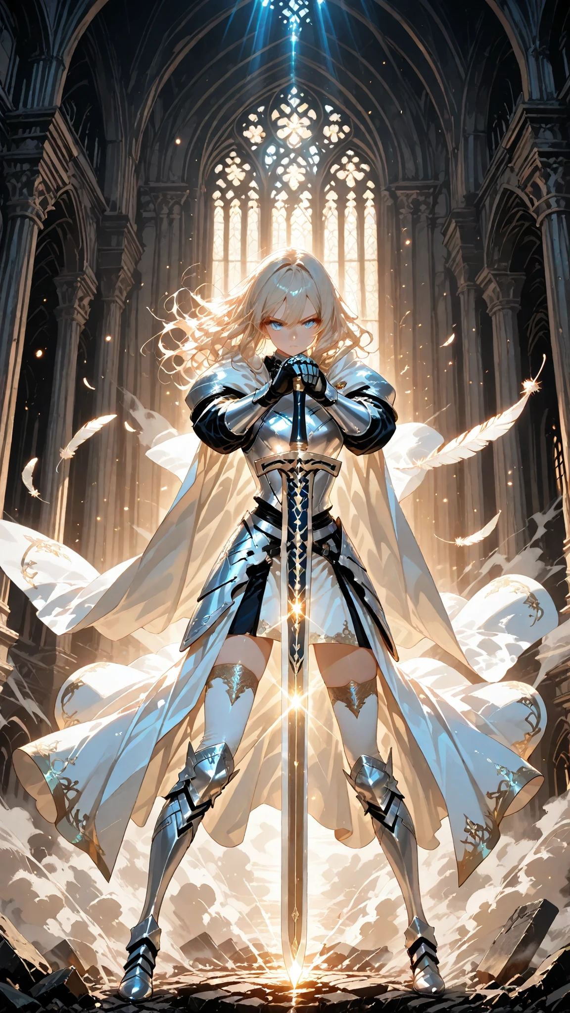 moody lighting, dramatic shadows, bloom lighting, colored shadows, masterpiece, ultra detailed, high quality, sharp focus, dynamic composition, cinematic, masterpiece, best quality, highres, anime style,
a beautiful female holy knight standing in the ruins of a sacred cathedral at dusk,
long platinum blonde hair gently flowing in the air, soft curls illuminated by golden light,
blue eyes that reflect both purity and sorrow, delicate features with calm expression,
wearing shining silver armor with ornate golden engravings, white thigh-high socks, long gloves, and a flowing white cape,
holding a glowing longsword planted into the ground, hands resting on its hilt as if in silent prayer,
light rays streaming through stained glass, dust and glowing particles floating in air,
a faint divine aura and floating feathers surrounding her,
cinematic composition, ethereal and emotional atmosphere,
fantasy art style, symbolizing the balance of beauty and sadness