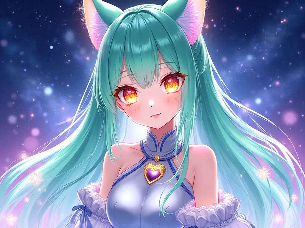 Miku Hatsune,Arabic, tanned skin, High Definition, kitsune ears, Masterpiece}}, of the highest quality, Highly detailed CG Unity 8k wallpaper, cinematic lighting, Lens flare, Beautiful detailed eyes, , lateral line, multicolored hair, showy light, particle, heterochromia, (showy:1.1), (showy hair:1.5), whole body