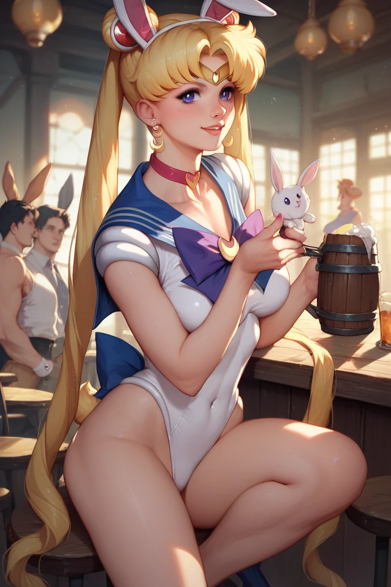 masterpiece, Best quality, absurdity, Ideal , 1 girl, One, SMMun, 1990-е годы \(style\), blonde Sailor Moon, standing, smile, cowboy shot, sailor senshi uniform, (handmade:1.4), (:1.2),focus on , (  covered in :1.3 NFV((after )), (( on face)), Blue skirt, elbow gloves, in a pose , show her , back, No , big , Ultra miniskirt sitting with crossed legs,  cross your legs,