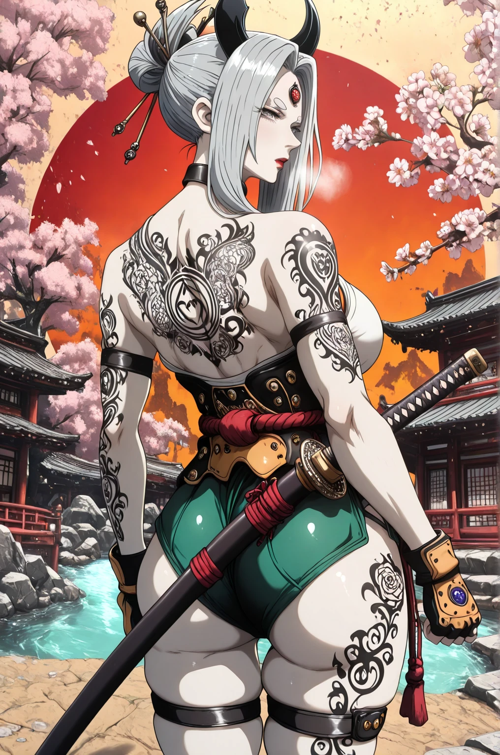 L_Cation2, Babu-style, Hgk, (butcha-u-style:1.2), (imizu_(nitro_unknown)-style:1.4), (gin_moku-style:1.2), (j.k.-style:1.3), (anime coloring, anime screencap), shiny skin, (voluptuous body:1.4), (mature female:1.4), (cellulite:1.3), ((anatomical correct)), ((Cinematic, unreal engine, eye-catching, ambient occlusion, UHD, masterpiece)), ((perfect lighting, soft shadow)), perfect body, perfect eyes, perfect fingers, gasping, heavy breathing, gasping profusely, ((skindentation)), ((curvy)), otsutsuki kaguya, grey hair, long hair, grey eyes, third eye, horns, red lips, (pale skin:1.2), plump, ((vignetting)), 1girl, tattoo, back_tattoo, weapon, sword, solo, east_asian_architecture, ass, gloves, architecture, arm_tattoo, katana, flower, sheath, from_behind, fingerless_gloves, choker, cherry_blossoms, holding_weapon, leg_tattoo, sheathed, looking_back, holding, holding_sword, hair_stick, thigh_strap, bare_shoulders, shorts, shoulder_tattoo, flower_tattoo