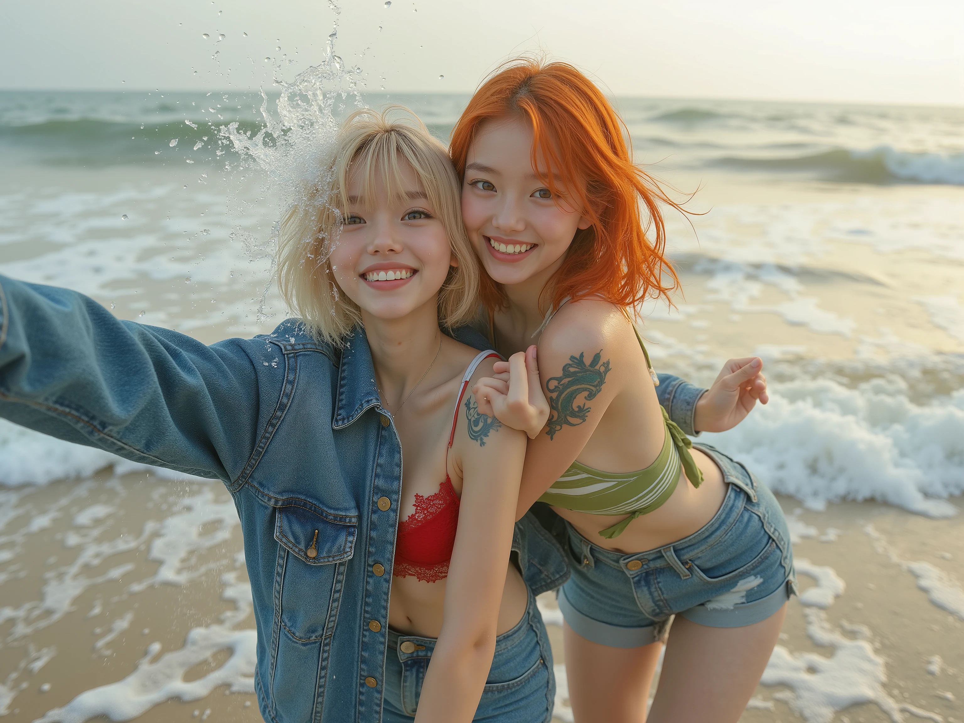 8k resolution photorealistic portrait from a low angle on a misty morning beach of a 16-17-year-old Japanese girl with a blonde bob haircut, brown almond eyes, and a bright, playful, mischievous smile, splashing water towards Nami with gleeful energy, dressed in an unbuttoned denim jacket over a lacy red bralette and unzipped short denim shorts, Nami dodging with a laughing expression, her long vibrant orange hair damp and wavy from the spray, large sparkling brown eyes, refined V-shaped facial structure with high sculpted cheekbones, mischievous grin, wearing a form-fitting green striped bikini top, rolled-up denim shorts, and the elaborate blue tattoo motif on her left shoulder glowing with water droplets, soft natural morning sunlight diffusing through sea mist creating ethereal highlights on skin and waves, realistic water splashes and wet fabric details, low camera angle empowering their playful bond while distinctly differentiating features and attire