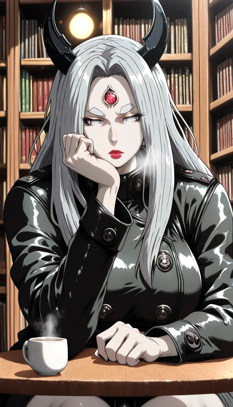 L_Cation2, Babu-style, Hgk, (butcha-u-style:1.2), (imizu_(nitro_unknown)-style:1.4), (gin_moku-style:1.2), (j.k.-style:1.3), (anime coloring, anime screencap), shiny skin, (voluptuous body:1.4), (mature female:1.4), (cellulite:1.3), ((anatomical correct)), ((Cinematic, unreal engine, eye-catching, ambient occlusion, UHD, masterpiece)), ((perfect lighting, soft shadow)), perfect body, perfect eyes, perfect fingers, gasping, heavy breathing, gasping profusely, ((skindentation)), ((curvy)), otsutsuki kaguya, grey hair, long hair, grey eyes, third eye, horns, red lips, (pale skin:1.2), plump, ((vignetting)), head rest, table, cup, black coat, bokeh, indoors, dim light, reflective, bored expression, looking down, shaded face, glowing eyes, sitting, library,