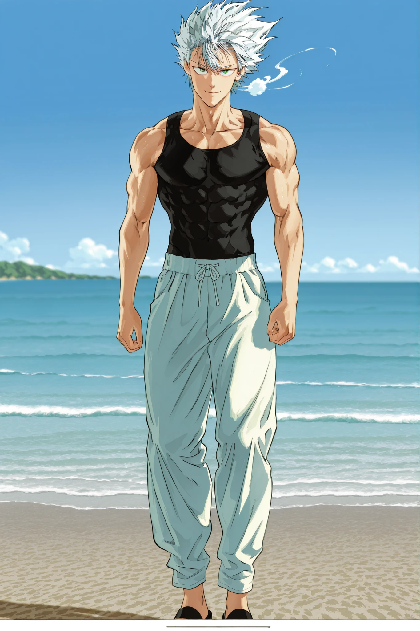 Garou from One Punch Man standing by the ocean at sunset, gentle smile, wind blowing through his silver hair, muscular physique shining in the warm light, casual beach outfit, detailed anime-style fanart, cinematic composition, dynamic waves, high-quality digital painting, dramatic lighting, vivid colors, heroic yet peaceful mood"semi-realistic style, 4k detailed illustration, soft texture", full body