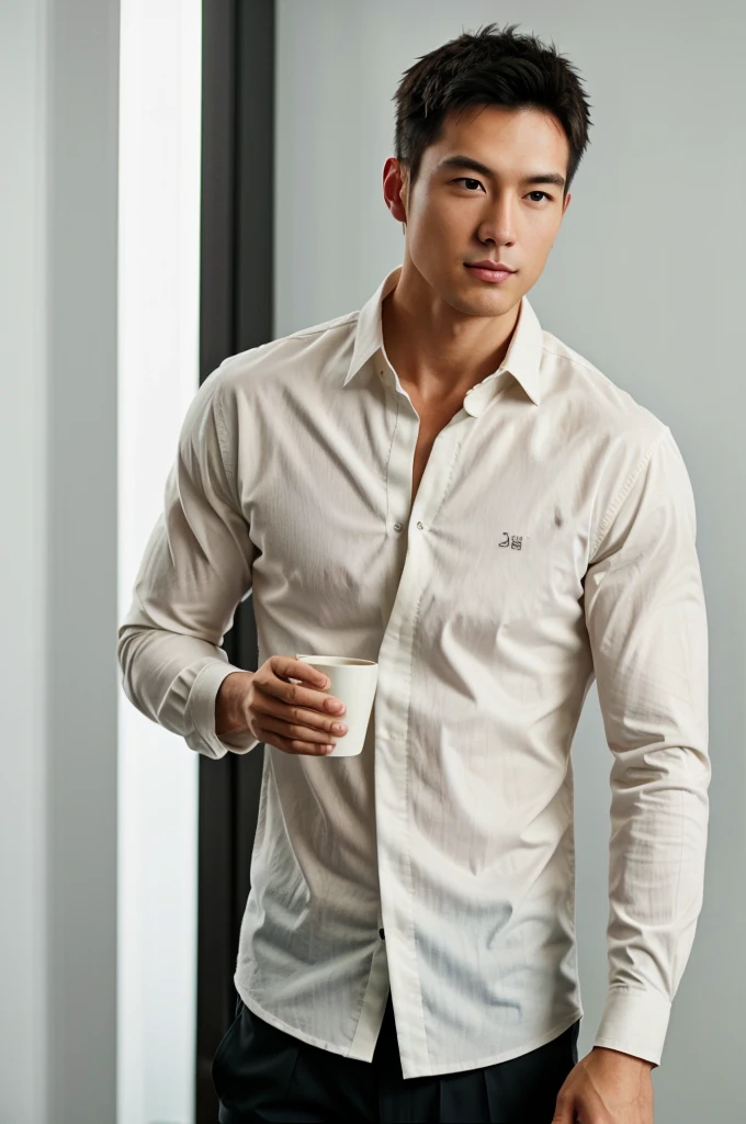 1man, 
a 30 y.o muscular male wearing long-sleeve white shirt and tie, wearing leather shoes,  full body, 
soft lighting, 
masterpiece, best quality, 8k uhd, dslr, film grain, Fujifilm XT3 photorealistic painting art by midjourney and greg rutkowski