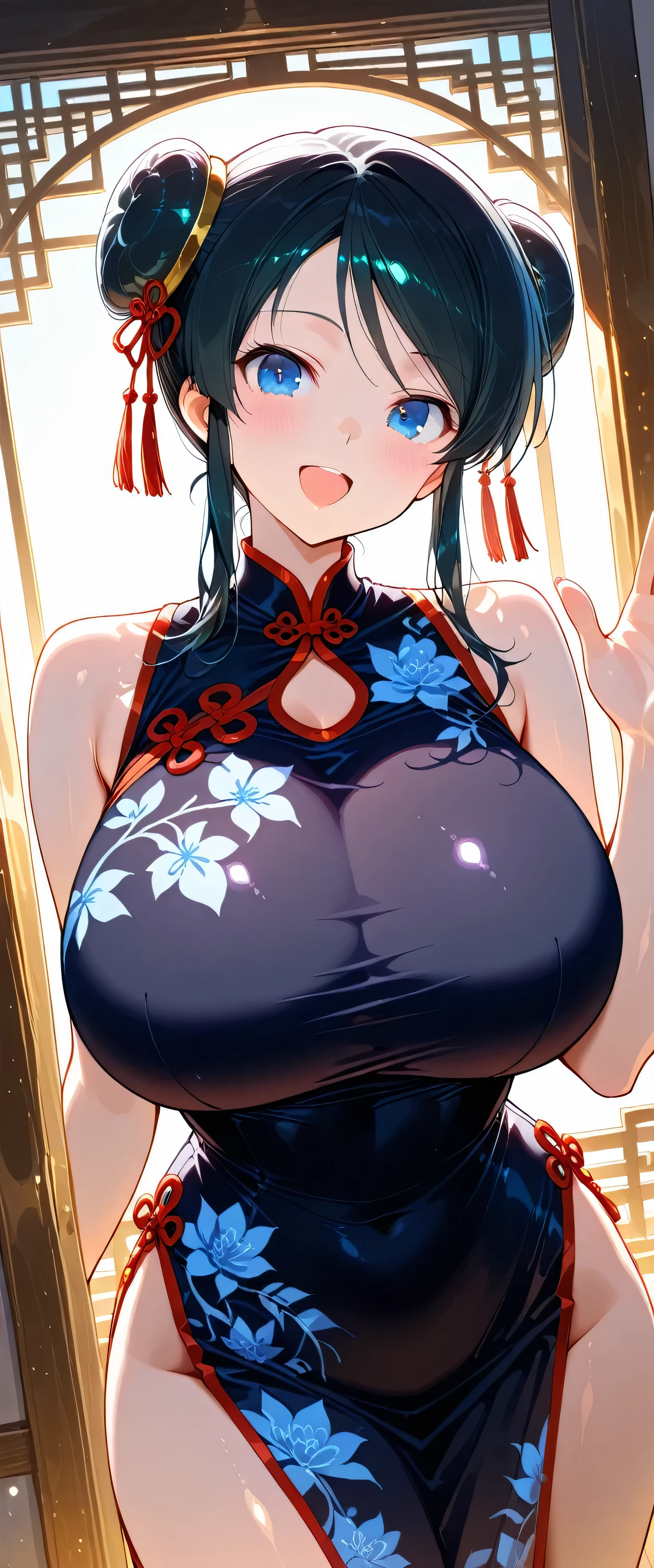 (beautiful girl:1.3),masterpiece,Please redeem,Ultra-high resolution,rich contrast,Very high quality,8k,Highly detailed CG unit wallpaper,Texture,So ridiculous,RAW Photos,Highest quality anime,anime-style illustration,studio anime style,professional photograph,an extremely delicate and beautiful,Depth of written boundary1.2,ultra-detailed eyes,Big eyes,Round eyes,blue eyes,bun hair,(Black Hair),swept bangs,Curvy Women,(Highly detailed black cheongsam),(huge breasts:1.8),big and round butt,pale skin,Kawaii decorations,Calm,dynamic angle,Embarrassing,blush,Moist eyes,backlight,(waving:1.5),Open your mouth wide,(tilt your head),bashou \(senran kagura\),Chinese food delivery lady,