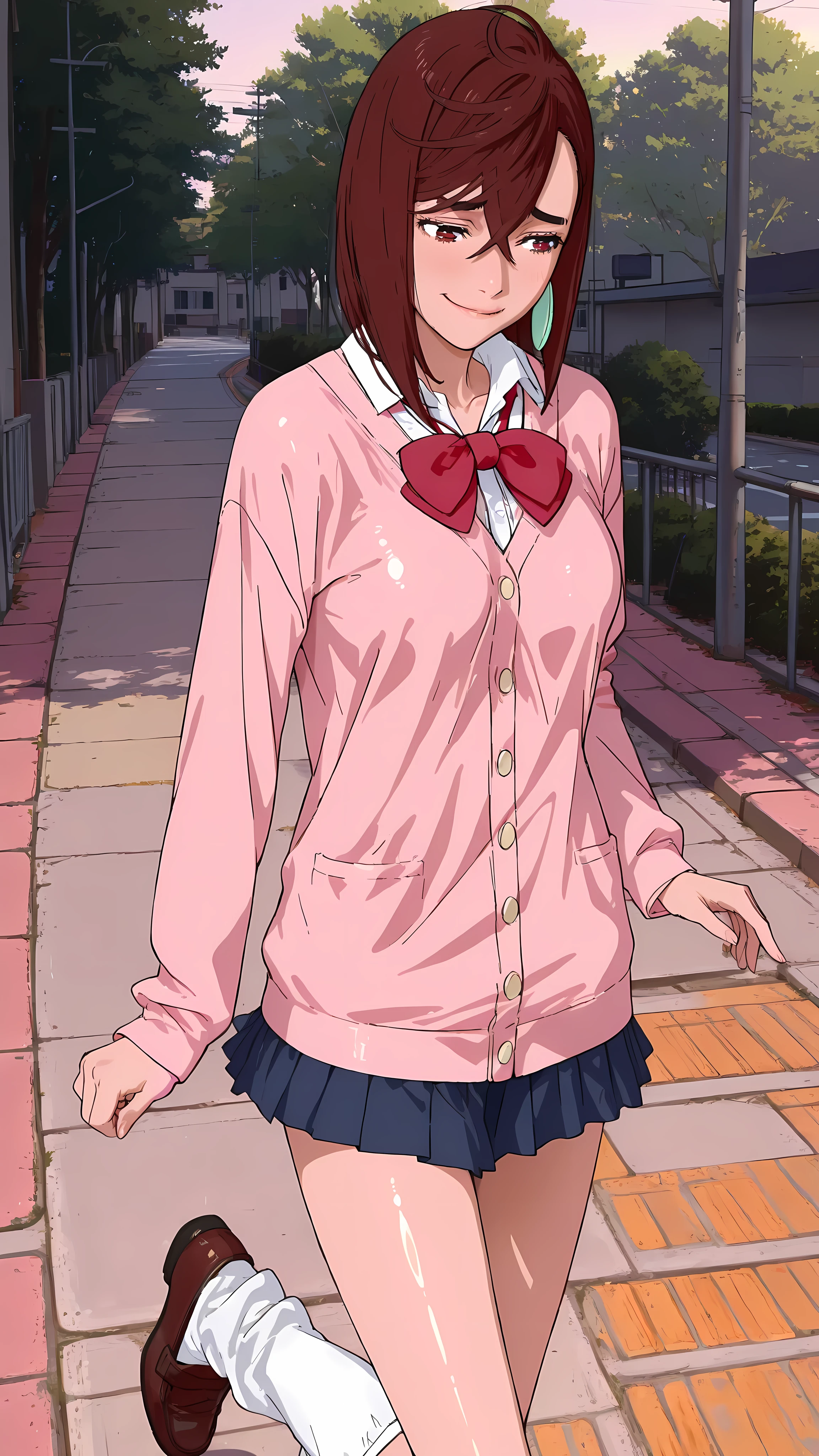 (masterpiece,best quality:1.2,amazing quality,very aesthetic, absurdres, newest),(anime coloring), dandadan style,(Ayase Momo, Dandadan ),1girl,(ideal ratio body proportions:1.2),(slender body,skinny:1.2), medium breasts,big eyes,brown eyes,shy smile, chocker, red bowtie, pink cardigan, long cardigan, long sleeves, blue skirt, pleated skirt, school uniform, earrings, collared shirt, white shirt,loose socks,brown Loafer,shiny skin,walking,on road,morning,