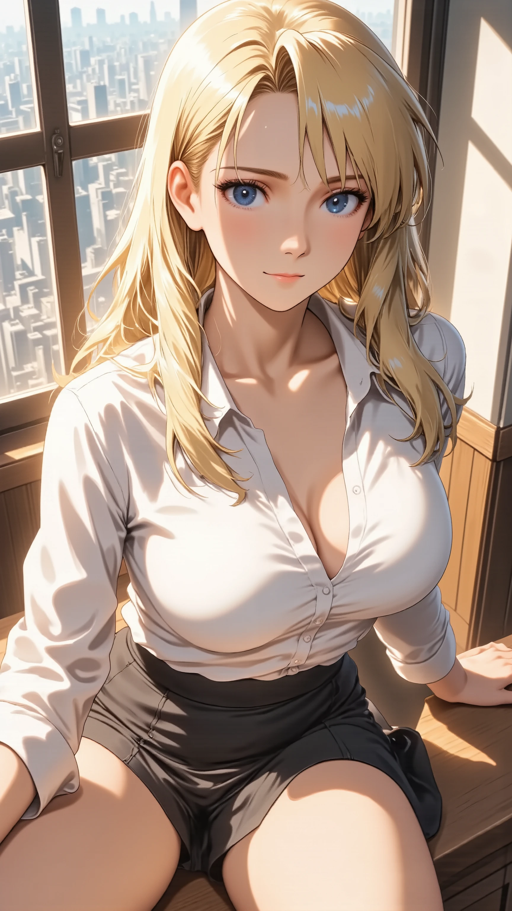 best quality, masterpiece, anime style, high angle shot, beautiful office lady, attractive woman, sitting on a desk, legs crossed, professional tight skirt, white blouse, alluring pose, confident smile, wind blowing hair, detailed eyes, city background, soft lighting