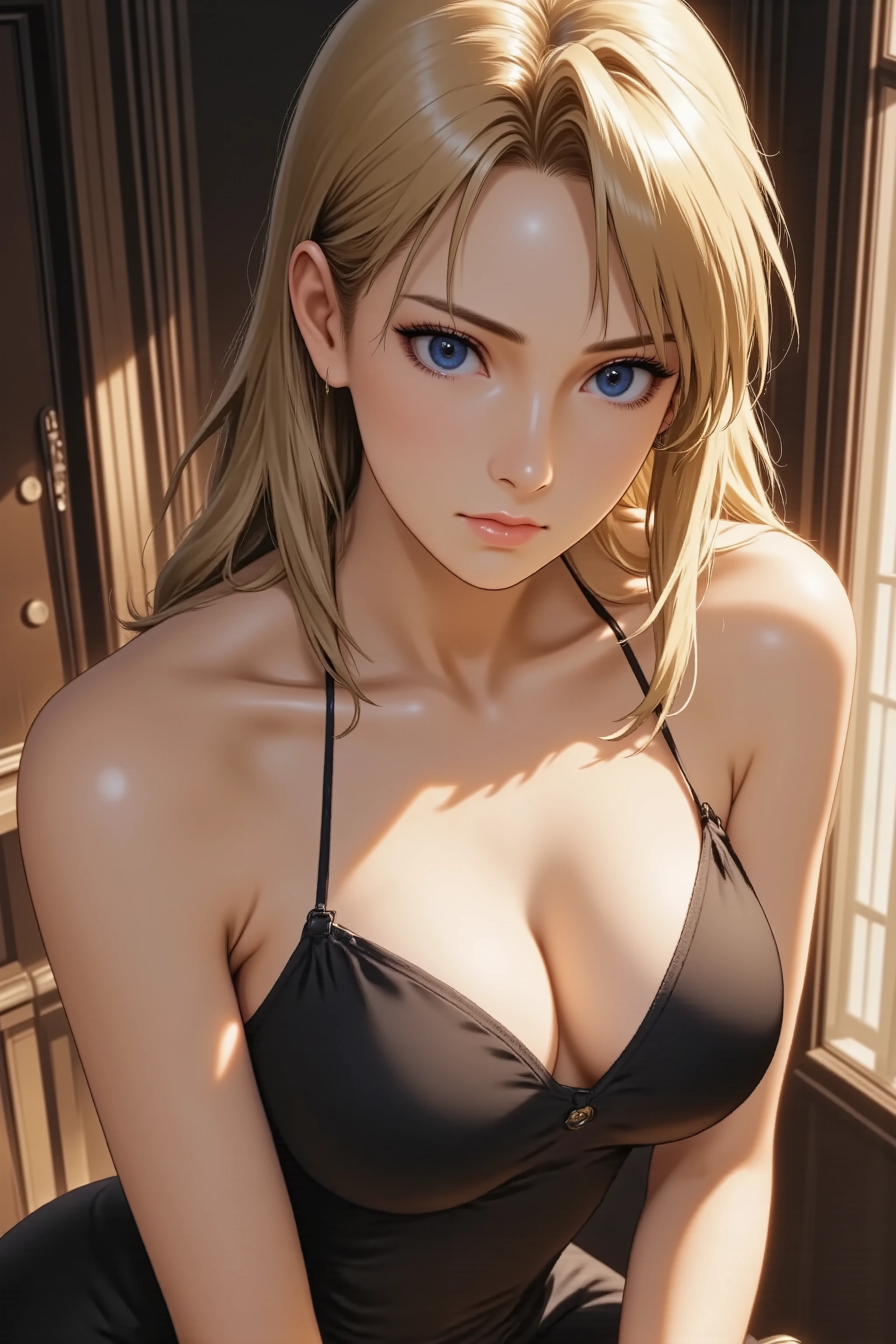 masterpiece, best quality, anime style, high angle shot, alluring adult woman, seductive pose, elegant dress, smooth skin, confident gaze, (arching back:1.2), long flowing hair, looking directly at viewer, soft light, mysterious atmosphere, rich colors, intricate details