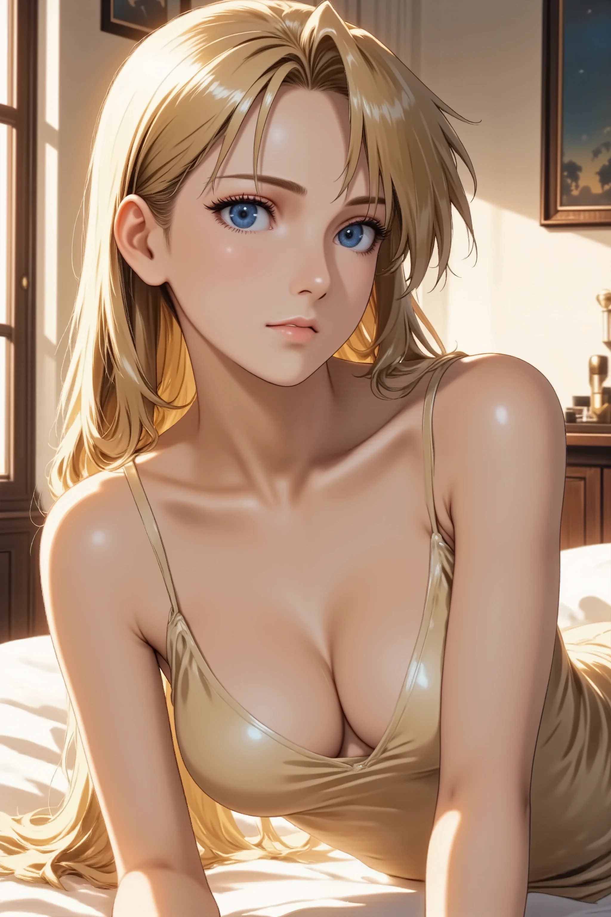 masterpiece, best quality, anime style, high angle shot, alluring adult woman, seductive pose, lying on stomach, (looking over shoulder:1.2), elegant dress, smooth skin, confident gaze, long flowing hair spread out, bedroom setting, soft lighting, detailed eyes