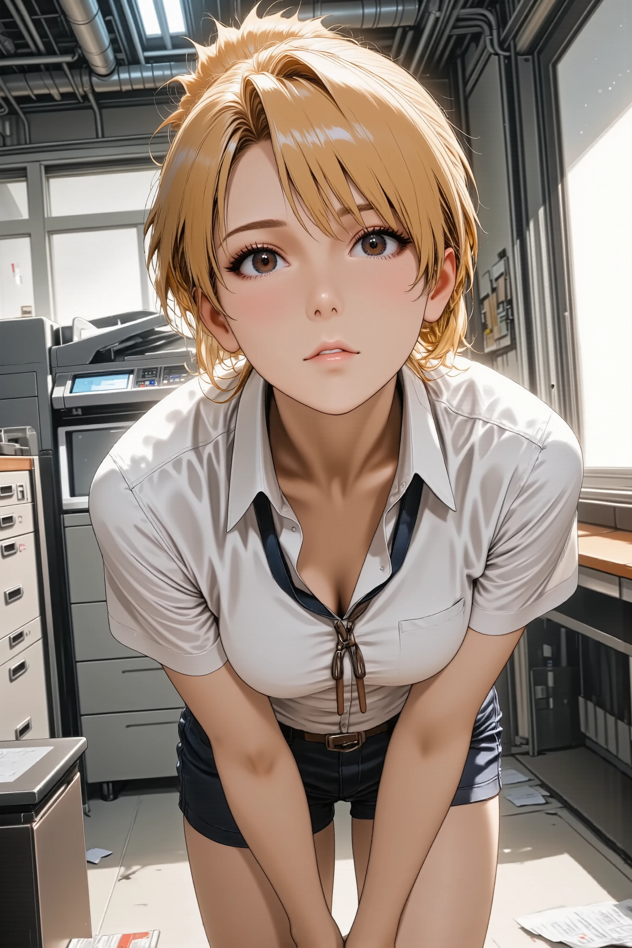 masterpiece, ultra detailed, anime style, high angle, captivating office lady, provocative pose, light smile, company uniform, (bending over at a copier machine:1.2), looking up with a playful smirk, tight skirt, stockings, messy bun, office supplies around, fluorescent lighting, slight blur in background