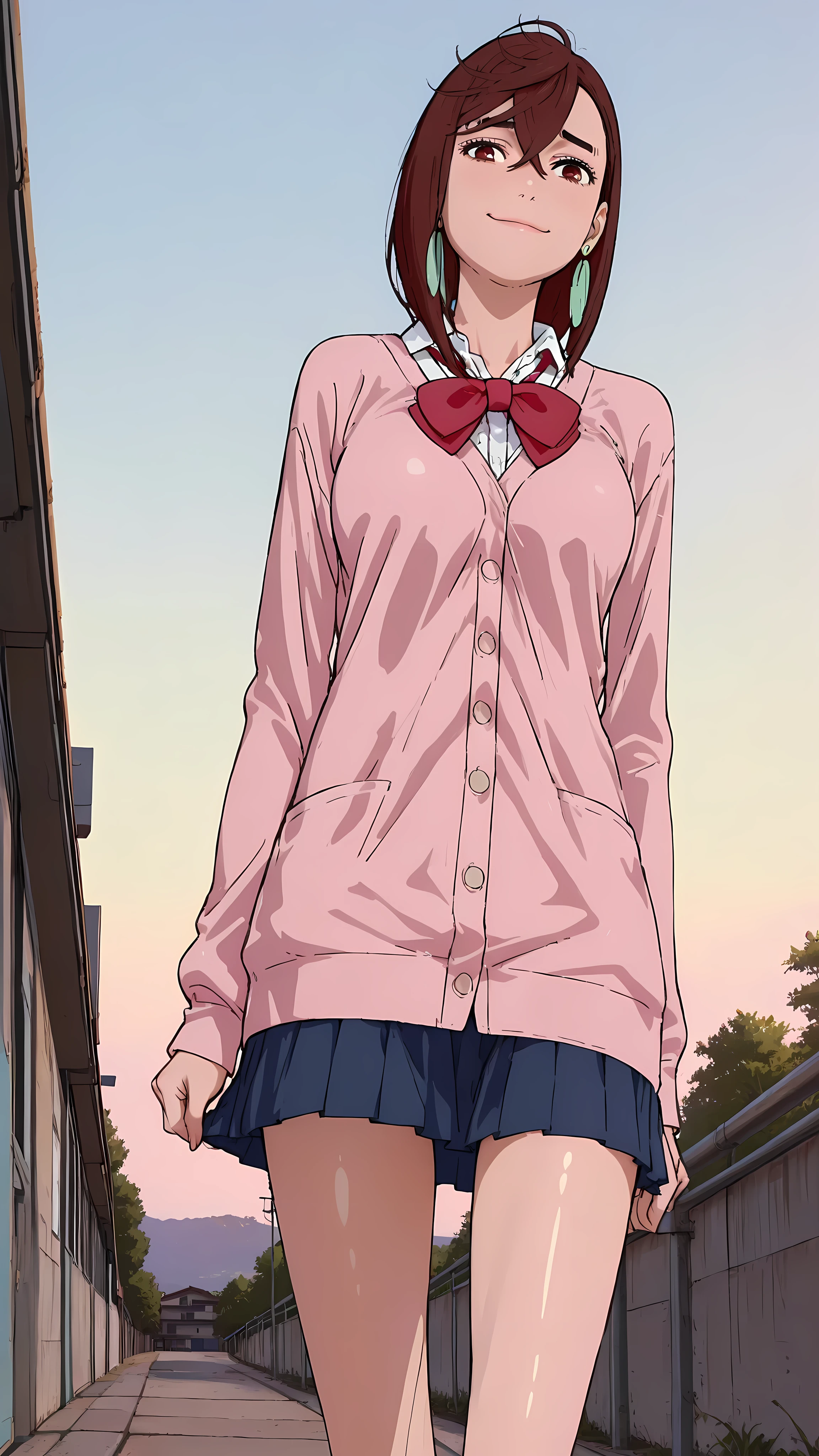 (masterpiece,best quality:1.2,amazing quality,very aesthetic, absurdres, newest),(anime coloring), dandadan style,(Ayase Momo, Dandadan ),1girl,(ideal ratio body proportions:1.2),(slender body,skinny:1.2), medium breasts,big eyes,brown eyes,shy smile, chocker, red bowtie, pink cardigan, long cardigan, long sleeves, blue skirt, pleated skirt, school uniform, earrings, collared shirt, white shirt,shiny skin,walking,on road,sky,morning,from below,