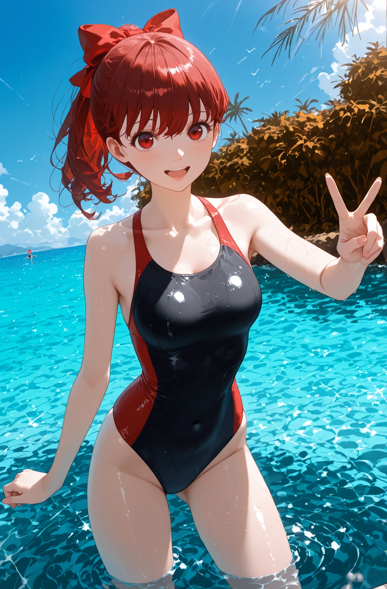 Kasumi Yoshizawa,masterpiece:1.3,(tareme:1.2),(Sparking eyes:1.3),(eyes Reflection:1.6),(),((Slender:1.4)))、Busty:1,Highest Quality:1.3,competition swimsuit:1.3,Red hair、dark red eyes:1.3、middle ponytail:1.3、(Red hair bow:1.2),((beautiful eyes:1.3)),beautiful thighs、thin thighs:1.3.((small buttocks:1.3)),Slender:1.3,open mouth smile:1.3,Peace Pose:1.2,(((Resort Beach:1.3))),(Light reflected in swimsuits:1.5),(big eyes:1.3),beautiful eyes:1.3,Facing Front:1.3
