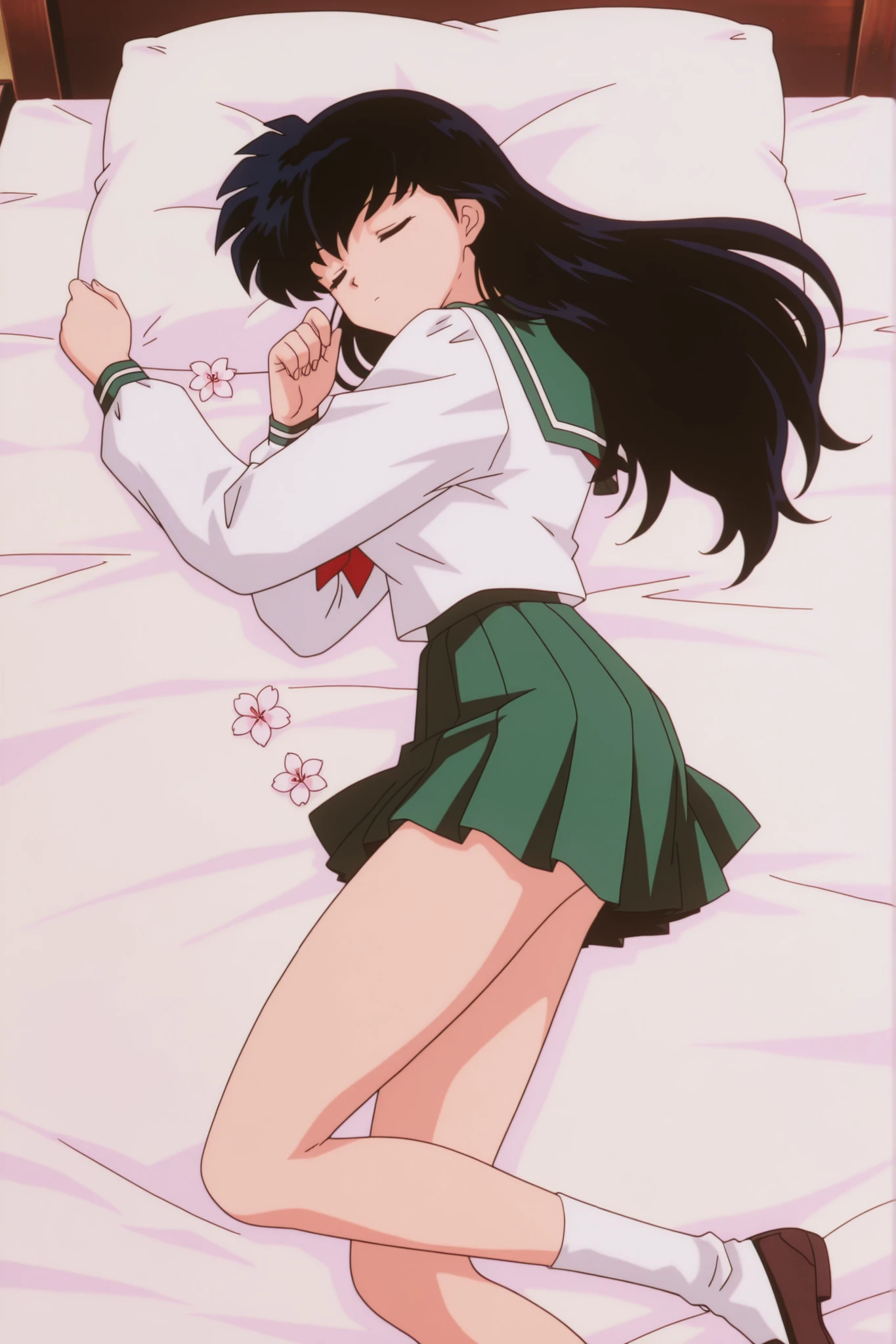 masterpiece,best quality,amazing quality, higurashikagome, masterpiece, best quality, amazing quality,, kagome higurashi, long hair, black hair, retro artstyle, brown eyes, anime screencap, skirt, shirt, long sleeves, school uniform, white shirt, pleated skirt, serafuku, , , green skirt, ,, cute bedroom , girlish bed style , , flowers، , , , , cute 🥰, sleeping, solo,, cowboy shot, solo , green panyhose , full thighs with green panyhose, lying on the bed , loafers, white socks