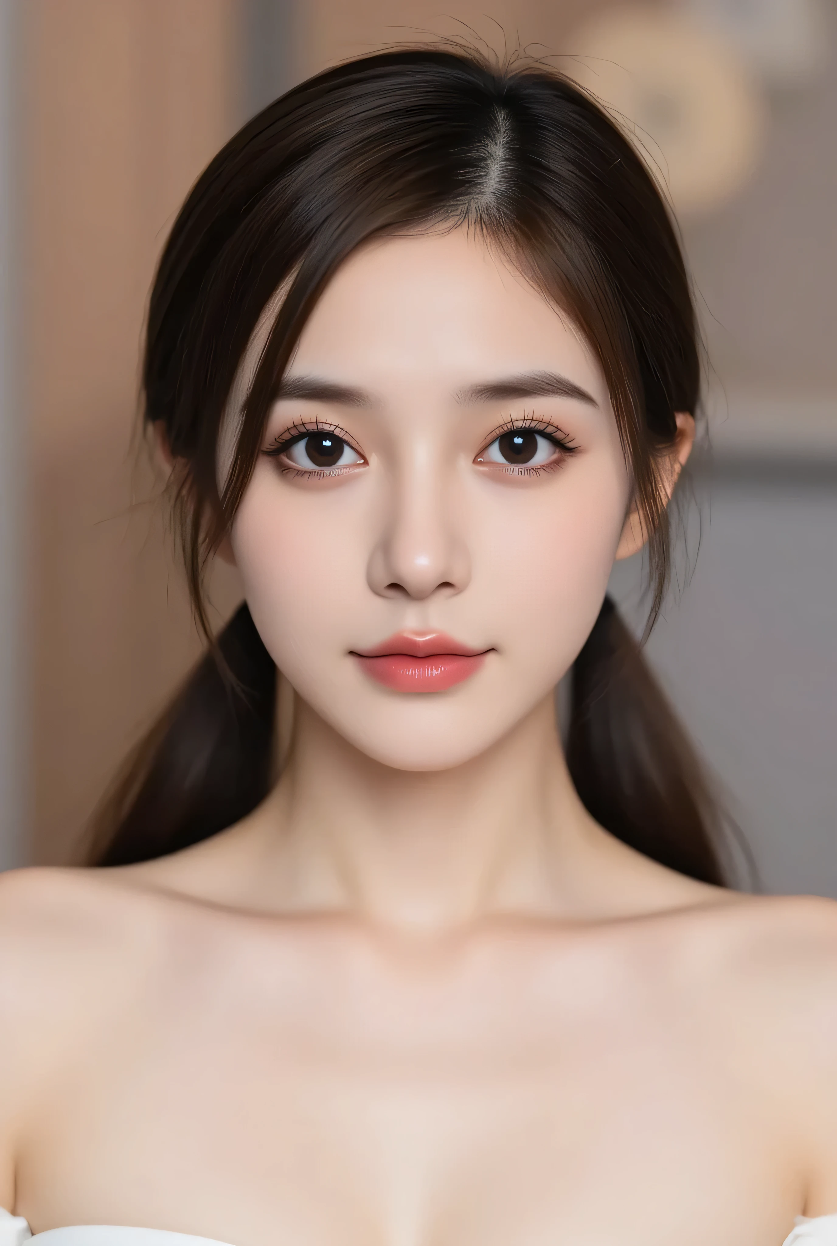 Uses Asian Orient 20 Years Real Character Style，ultra-quality，ultra-detailed ，ultra-realistic,Real Human Skin Texture Texture Defects，Oval face，Symmetry Left Right Side of Face，Front Face Unshielded，Generate Full Brow，Eyebrow Radiance Beautiful，Black Full Shoulder Short Hair，masterpiece, perfect face proportions，Skin Whiteness，All of the above must complete perfect face proportions adjustment and integration，chest shot，Two Eyes Contact the Audience。Long Ebony Shining,Slim Hairstyle Add Elegant Volume,Soft Hairstyle, Light Skin ,[X]Off Shoulder,Lightweight Fabric,Smooth Texture,Color Pattern Exquisite Design,4K High Resolution,in extreme detail,Exquisite Art,Realistic light ,High quality rendering,vivid color,Soft Focus,