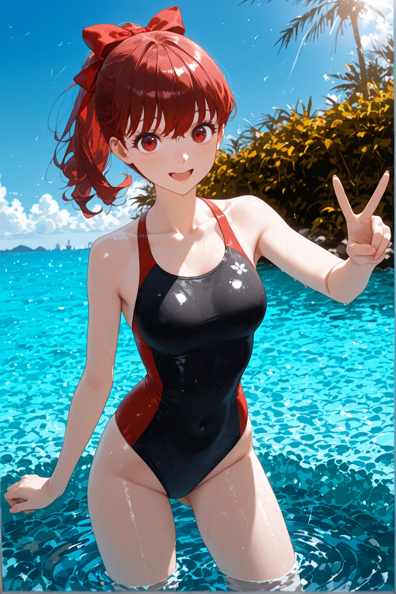 Kasumi Yoshizawa,masterpiece:1.3,(tareme:1.2),(Sparking eyes:1.3),(eyes Reflection:1.6),(),((Slender:1.4)))、Busty:1,Highest Quality:1.3,competition swimsuit:1.3,Red hair、dark red eyes:1.3、middle ponytail:1.3、(Red hair bow:1.2),((beautiful eyes:1.3)),beautiful thighs、thin thighs:1.3.((small buttocks:1.3)),Slender:1.3,open mouth smile:1.3,Peace Pose:1.2,(((Resort Beach:1.3))),(Light reflected in swimsuits:1.5),(big eyes:1.3),beautiful eyes:1.3,Facing Front:1.3,(blurry background:1.7)