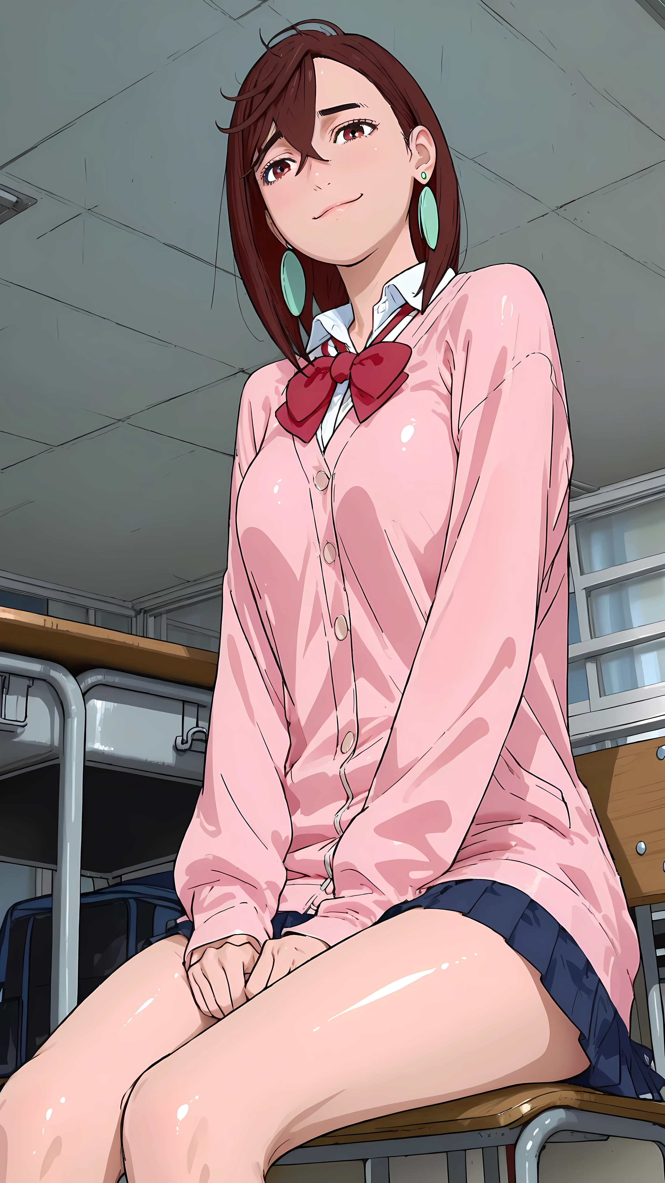 (masterpiece,best quality:1.2,amazing quality,very aesthetic, absurdres, newest),(anime coloring), dandadan style,(Ayase Momo, Dandadan ),1girl,(ideal ratio body proportions:1.2),(slender body,skinny:1.2), medium breasts,big eyes,brown eyes,shy smile, chocker, red bowtie, pink cardigan, long cardigan, long sleeves, blue skirt, pleated skirt, school uniform, earrings, collared shirt, white shirt,shiny skin,sitting,chair,desk,classroom,from below,daytime,