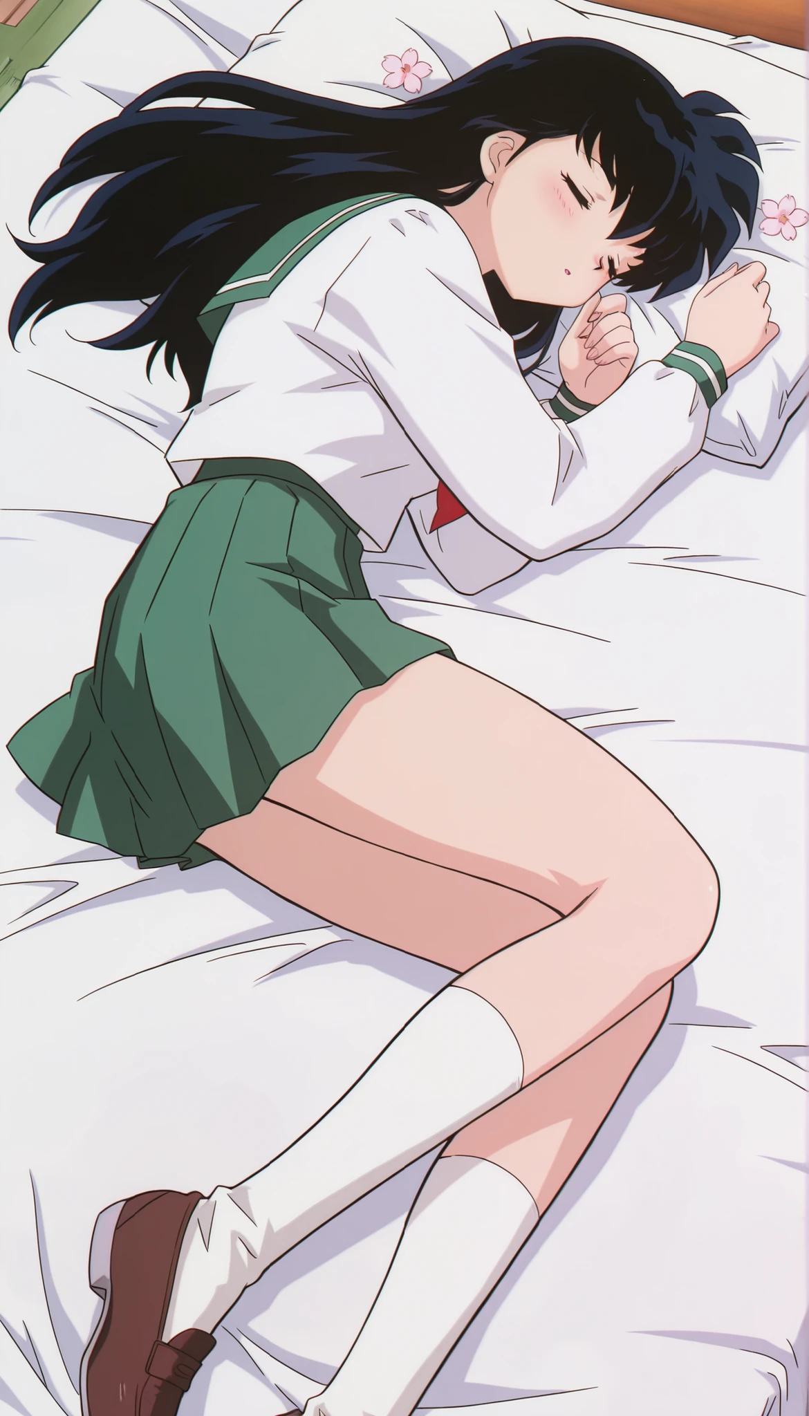 masterpiece,best quality,amazing quality, higurashikagome, masterpiece, best quality, amazing quality,, kagome higurashi, long hair, black hair, retro artstyle, brown eyes, anime screencap, skirt, shirt, long sleeves, school uniform, white shirt, pleated skirt, serafuku, , , green skirt, ,, cute bedroom , girlish bed style , , flowers، , , , , cute 🥰, sleeping, solo,, cowboy shot, solo , green panyhose , full thighs with green panyhose, lying on the bed , loafers, white socks