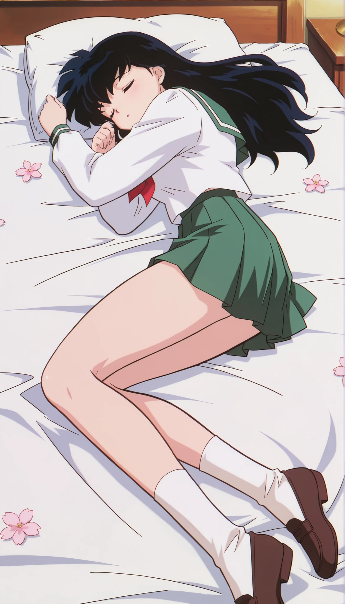 masterpiece,best quality,amazing quality, higurashikagome, masterpiece, best quality, amazing quality,, kagome higurashi, long hair, black hair, retro artstyle, brown eyes, anime screencap, skirt, shirt, long sleeves, school uniform, white shirt, pleated skirt, serafuku, , , green skirt, ,, cute bedroom , girlish bed style , , flowers، , , , , cute 🥰, sleeping, solo,, cowboy shot, solo , green panyhose , full thighs with green panyhose, lying on the bed , loafers, white socks, from below, close up to her thighs