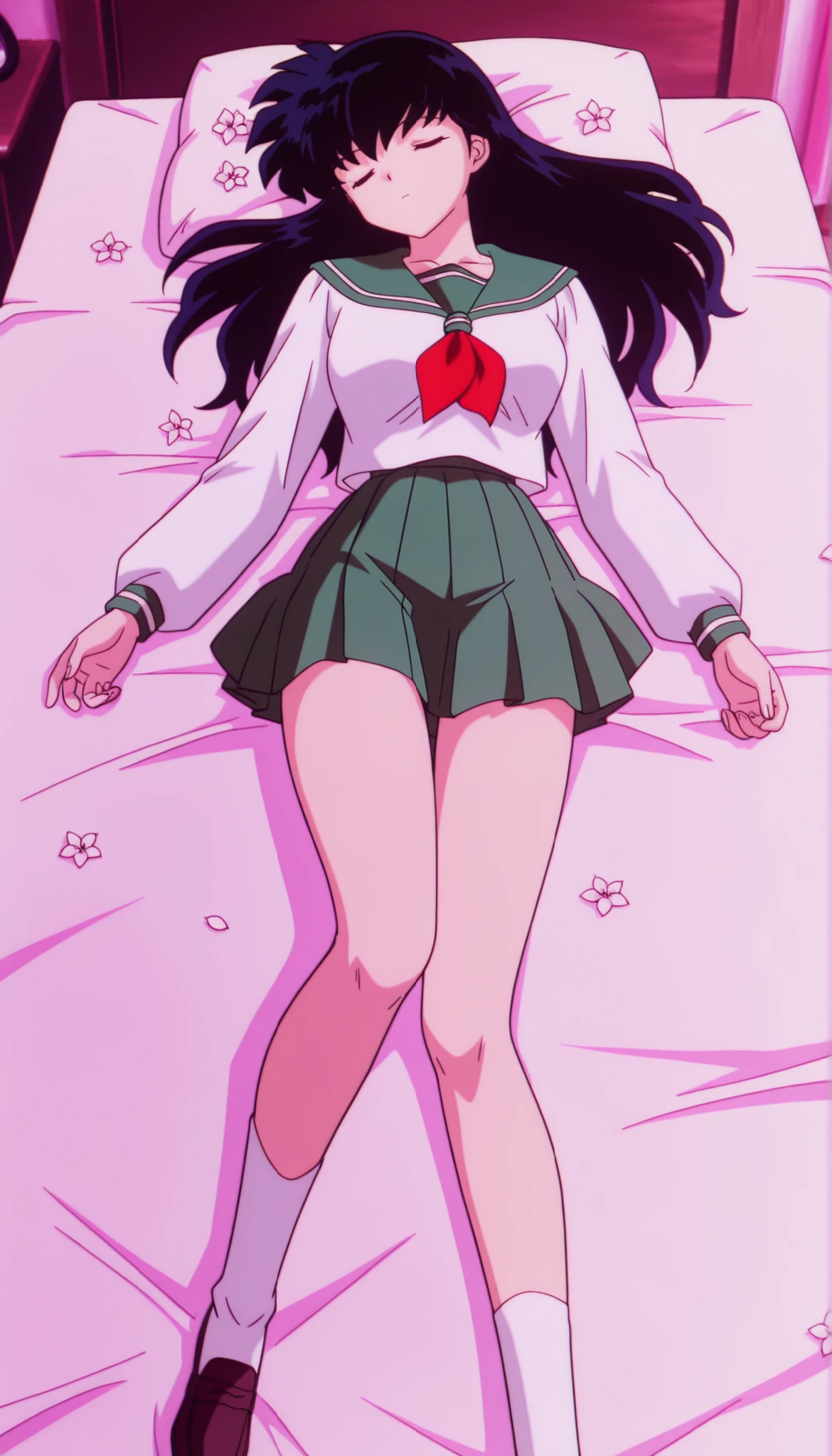 masterpiece,best quality,amazing quality, higurashikagome, masterpiece, best quality, amazing quality,, kagome higurashi, long hair, black hair, retro artstyle, brown eyes, anime screencap, skirt, shirt, long sleeves, school uniform, white shirt, pleated skirt, serafuku, , , green skirt, ,, cute bedroom , girlish bed style , , flowers، , , , , sleeping, solo,, cowboy shot, solo , green panyhose , full thighs with green panyhose, lying on the bed , loafers, white socks, A close shot of soft thicc thighs