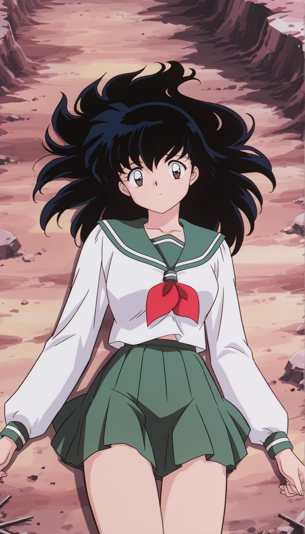 masterpiece,best quality,amazing quality, higurashikagome, masterpiece, best quality, amazing quality,, kagome higurashi, long hair, black hair, retro artstyle, brown eyes, anime screencap, skirt, shirt, long sleeves, school uniform, white shirt, pleated skirt, serafuku, , , green skirt, ,, wasteland, barren, dry, post apocalyptic, desolate, , , cute 🥰, looking at viewer, solo,, cowboy shot, solo , green panyhose , full thighs with green panyhose, lying twords viewer