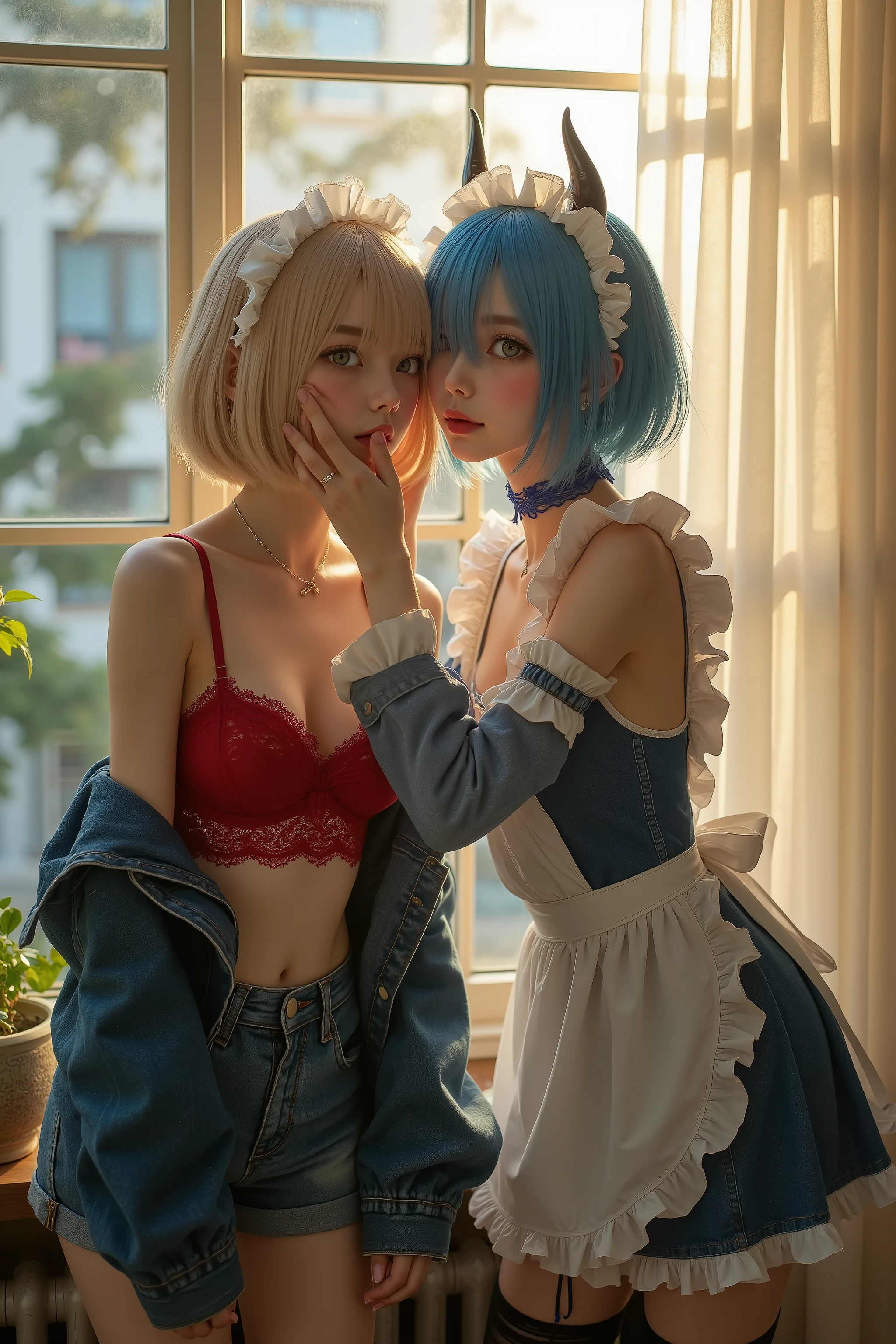 Ultra-realistic 8K hyper-realistic photorealistic close-up full-body portrait of two women with clearly distinct outfits by a sunlit window: a 16-17-year-old Japanese girl with short blonde bob hair, brown almond eyes filled with sadness and glistening tears, faint downturned lips in distress, standing with slumped posture, STRICTLY dressed in an unbuttoned denim jacket over a lacy red bralette and unzipped short denim shorts only, no crossover styles; being gently stroked on the cheek by her companion. Next to her kneeling gracefully, Rem in intricate photorealistic detail as a 17-year-old oni demon maid with short blue hair in a neat asymmetrical bob featuring long side-swept bangs precisely covering her left eye for a mysterious allure, white maid headband, and small curved oni horn on the right side, bright blue right eye focused with loyal affection, pale skin with a subtle blush and gentle compassionate smile, petite athletic build from service, STRICTLY wearing her classic blue maid dress with white apron, frilled headpiece, black stockings, and blue ribbon choker, no blending with the Japanese girl's casual denim. The two in a caring head-stroking routine, natural diffused golden hour daylight warming the glass and highlighting Rem's horn gleam, bangs shadow over left eye, and the blonde girl's lacy bralette edges, detailed sheer curtains and potted plants in soft focus, eye-level wide shot capturing their unblended styles and outfits, photorealistic with high dynamic range on emotional faces and skin pores, no clothing fusion, no anime, no cartoon