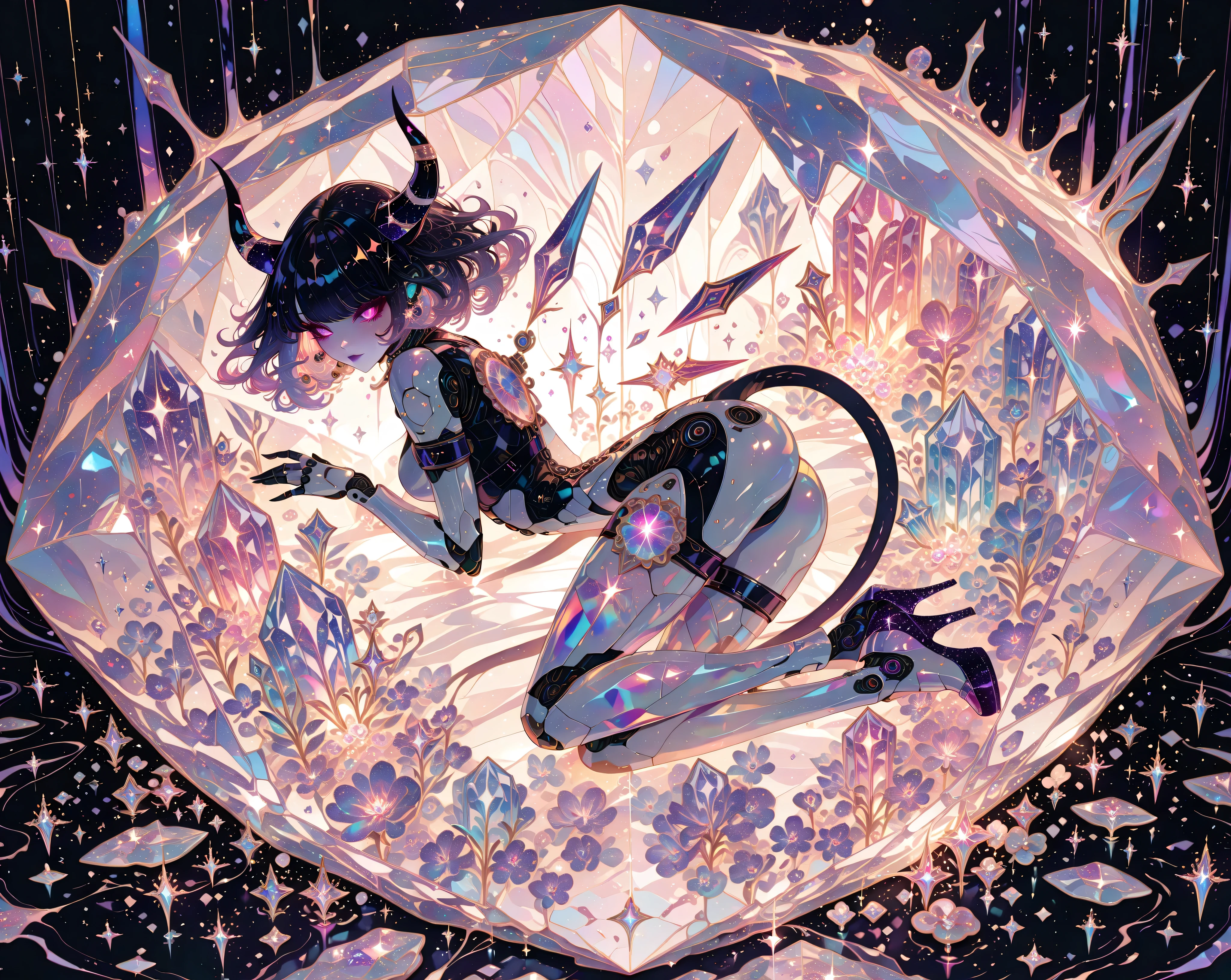 miaomiao_liulifa,,Goth_EGirl,crystal core, crystal aesthetic, gemcore, shiny crystals, magical crystals, glowing gems, transparent shards, crystalline texture, ethereal glow, holographic fragments, iridescent, rainbow reflections, holographic colors, translucent, glass-like,Android woman wearing high heels and delicate perfect face. Devil horns . Nude