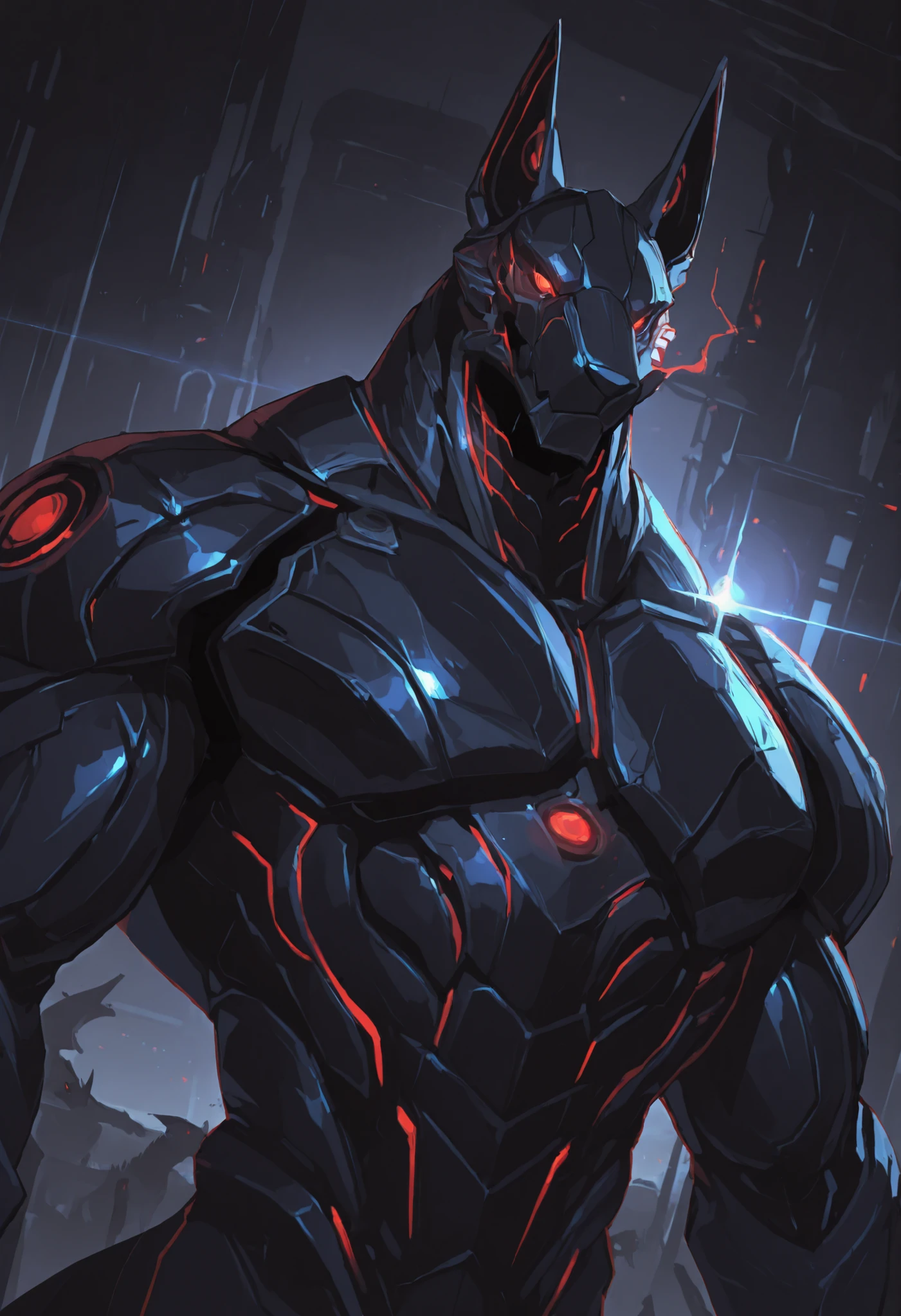 score_9, score_8_up, score_7_up, score_6_up, score_5_up, score_4_up, gigerworld, anthro jackal, wearing black waistcoat over heavy armor, bulky, wide chest
cybrog, anthro, jackal, male, Muscle, Delicate face, Delicate eyes, 1 big tail, (glowing LED), rubber goo body, crimson glowing eyes, black steel scales, black and evil armor, futuristic fantasy evil armor, heavy armor, snout-cover armored mask, faceless head, balanced physique, muscle-shaped armor, war machine, muscular physique, thick arms and legs, claws, warframe, cyborg, hands behind
dnd, powerful pose, levitating, advanced and stylish design, dutch angle, portrait, upper body focus, detailed background, newest, extremely detailed CG unity 8k wallpaper, realistic, masterpiece, highest quality, masterpiece, highest quality, lens flare, unreal engine, trending on ArtStation, Intricate, High Detail, dramatic, beautiful and detailed lighting, shadows