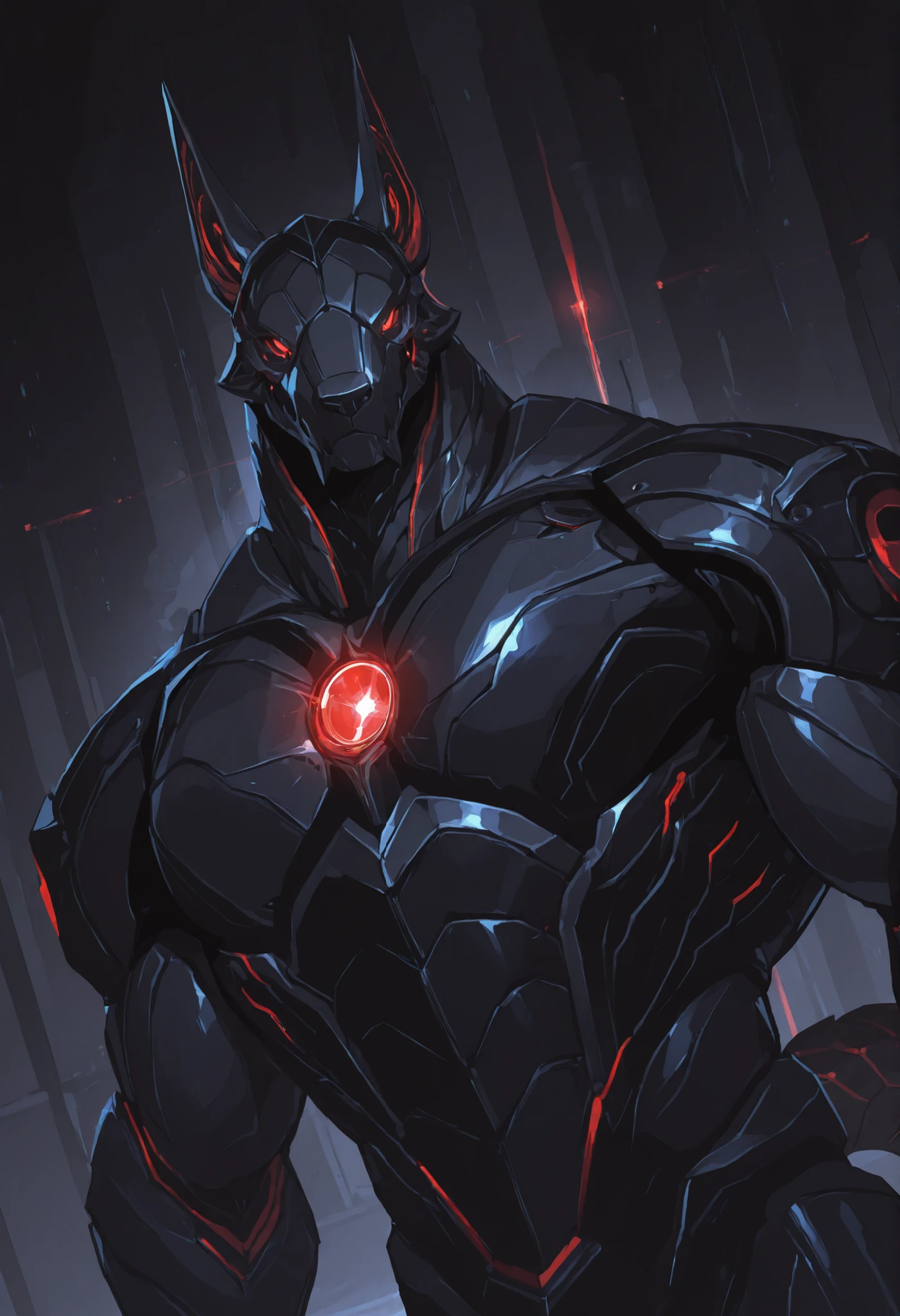score_9, score_8_up, score_7_up, score_6_up, score_5_up, score_4_up, gigerworld, anthro jackal, wearing black waistcoat over heavy armor, bulky, wide chest
cybrog, anthro, jackal, male, Muscle, Delicate face, Delicate eyes, 1 big tail, (glowing LED), rubber goo body, crimson glowing eyes, black steel scales, black and evil armor, futuristic fantasy evil armor, heavy armor, snout-cover armored mask, faceless head, balanced physique, muscle-shaped armor, war machine, muscular physique, thick arms and legs, claws, warframe, cyborg, hands behind
dnd, powerful pose, levitating, advanced and stylish design, dutch angle, portrait, upper body focus, detailed background, newest, extremely detailed CG unity 8k wallpaper, realistic, masterpiece, highest quality, masterpiece, highest quality, lens flare, unreal engine, trending on ArtStation, Intricate, High Detail, dramatic, beautiful and detailed lighting, shadows