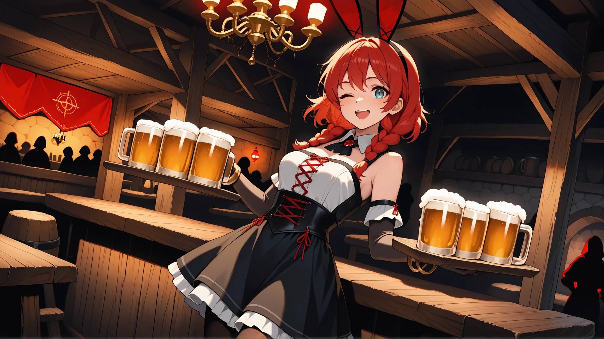 masterpiece, best quality, very aesthetic, high resolution, ultra-detailed, absurdres, newest, dramatic lighting, dynamic illustration, indoors, midnight, vinbmf, scenery, vintage, medieval, wooden tables, tavern, counter, red lamps, dark, red tapestry, small chandelier, crowed, crowd silhouette, 1girl, medium hair, redhead, twin braids, freckles,skirt,fake animal ears,elbow gloves,bracelet,pantyhose, hands holding trays, hands holding beer mugs, delivering orders to customers, energetic face, open smile, wink, dutch angle, waist shot