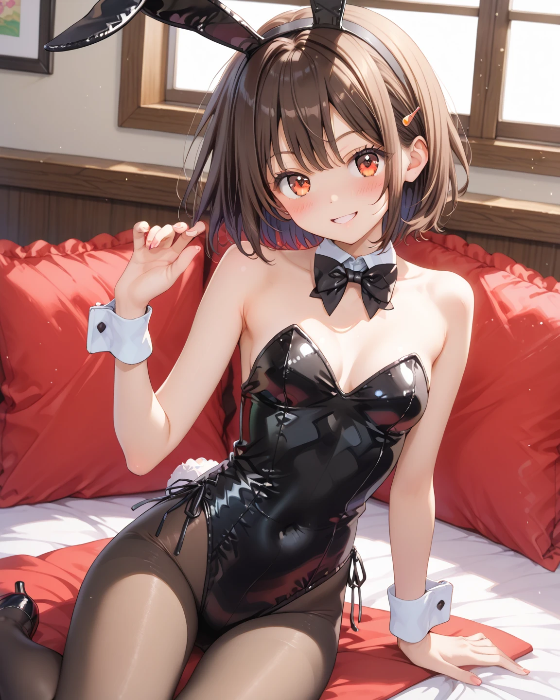 (Perfect anatomy without destruction:1.3),(Accurate and detailed beautiful eyes,lustrous eyes),super detailed face, highly detailed lips, fine eyes, double eyelids,
①Quality：(ultra detailed:0.8), (Perfect hands:1.3), (Perfect Anatomy:1.3), (1girl:1.3),(master piece:1.3),(best quality:1.3), detailed,8k,intricate details, 
②Part:ultra-detailed face,beautiful detailed eyes,detailed skin, detailed face, 
＜Character Appearance、Prompts such as background＞
③Environment：：(((luxurious bedroom:1.3)))
④Subject：(aamadoka:1.3), 
⑤th：high resolution,beautiful detailed eyes, cute eyes, sparkling pupils, Intricate Iris Details, Captivating Eye Reflections, Sparkling Highlights in the Eyes, Depth and Dimension in the Pupils, Subtle Color Variations in the Iris, Meticulous Eyelash Details, detailed eyes,
⑥Chest：(small breasts:1.3), (Beautiful breasts:1.0), 
⑦Body shape：(slender body type:1.3), Miwaki. (beauty legs:1.3). Seven heads, tight waist, small head, 
⑧Skin:detailed skin, Transparency, Brilliant skin, 
⑨Hair:shiny hair, hair,bangs, hairclip, short hair, (mole under eye:0.8), BREAK
＜costume＞
⑩costume:(black pantyhose,:1.3), pantyhose, (playboy bunny:1.3),rabbit ears, black rabbit ears, fake rabbit ears, bowtie, wrist cuffs, black leotard, high heel, earrings,
＜expression、illumination、Other prompts＞
⑪illumination：brightening light, moody lighting, nature lighting, Best Illumination, 
⑫Style:sexy body, animation, illustration, (Bewitching:1.3). 
⑬expression：(embarrassed,blush:1.3), (Looking at Viewer:1.3), tear, happy, Face to feel, Love A large amount of milk, waiting for a kiss, 
⑭Composition: (full body:1.3), 
⑮Action：standing,stand against the wall,arched back, fashion model posing