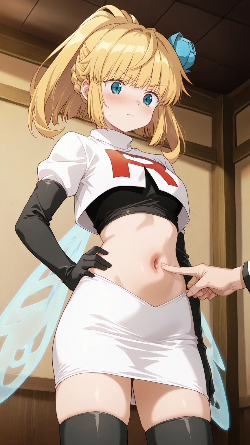 Masterpiece, sksrin,a beautiful urban female model, white transparent clothes under empty night stars, disappearing transparent pants, facial details, detailed body part details, 8k wallpaper, goddess wings, tight, looking at viewer, embarrassed, short hair, (Blushing:1.2), sweating, Hoshizora rin, gold, , thong,moist,skun, glowing eyes,BELLY GRAB ,POV ,BGRAB