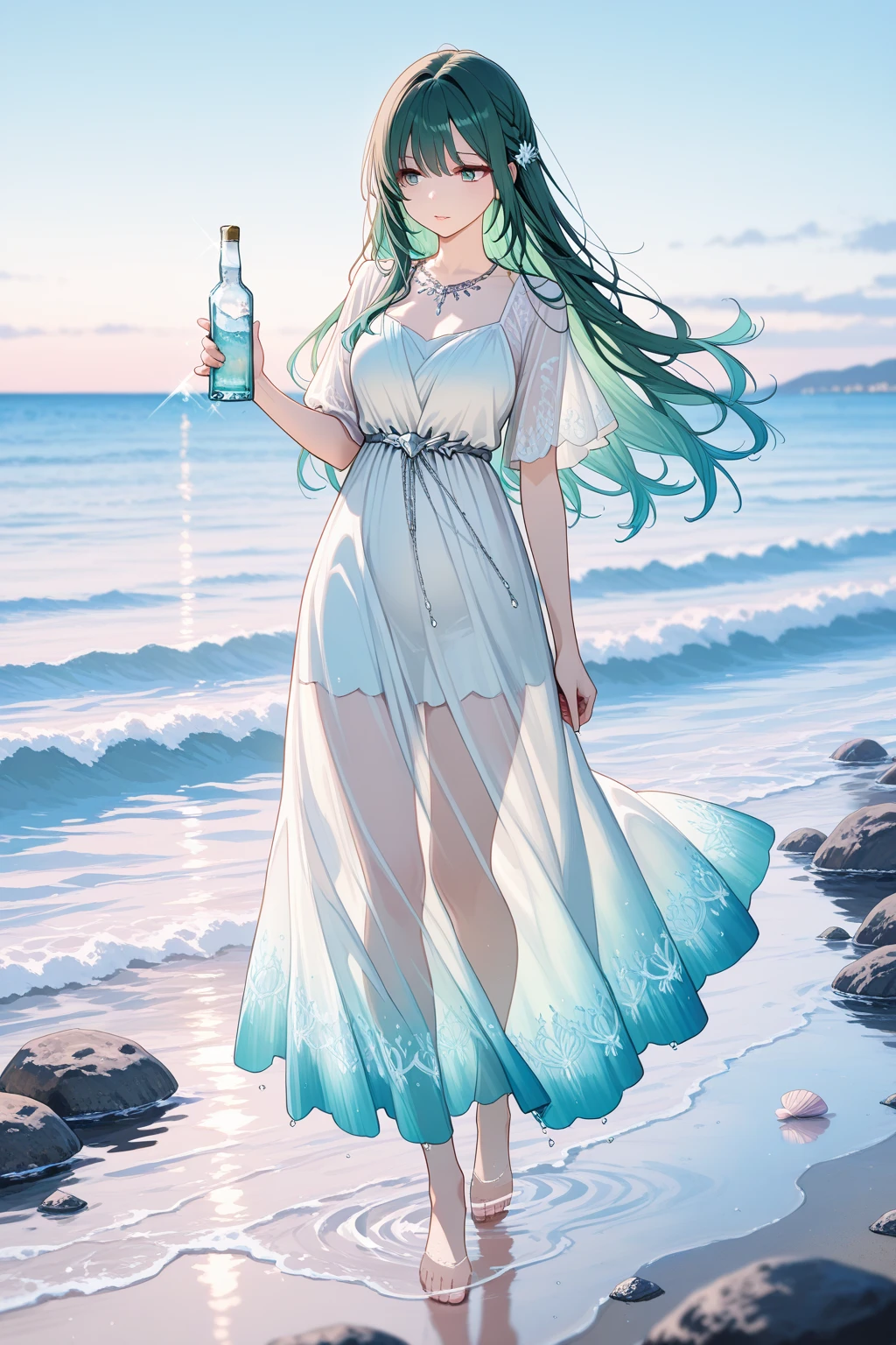 ((dark fantasy)), ((wavy hair, silver hair color, pale skin),(((green aquamarine eyes))), freckles, warm light,( 16 years old),busty,Glamour,Gorgeous,monochromes,erotic posing,Dynamic Posing,Arrange Pose,Dramatic,Cinematic,Detailed background, Dynamic Angle,From the angle of the film,Gothic background, Dark fantastic view,Best Quality,masutepiece,8K,The ultimate detailed dark background, Top image quality、RAW photography、超A high resolution，cropped shoulders, overall look is very erotic、Shot for one person only, model shoot, Large round , Beautiful Eyes of Details、Very slender eyes、Beautiful eyelashes、Very slim physique, with blush cheeks,Pearl Beaded Bralet bralette of transparent glass, ((pearl glass top)), ((bra of clear glass)), 