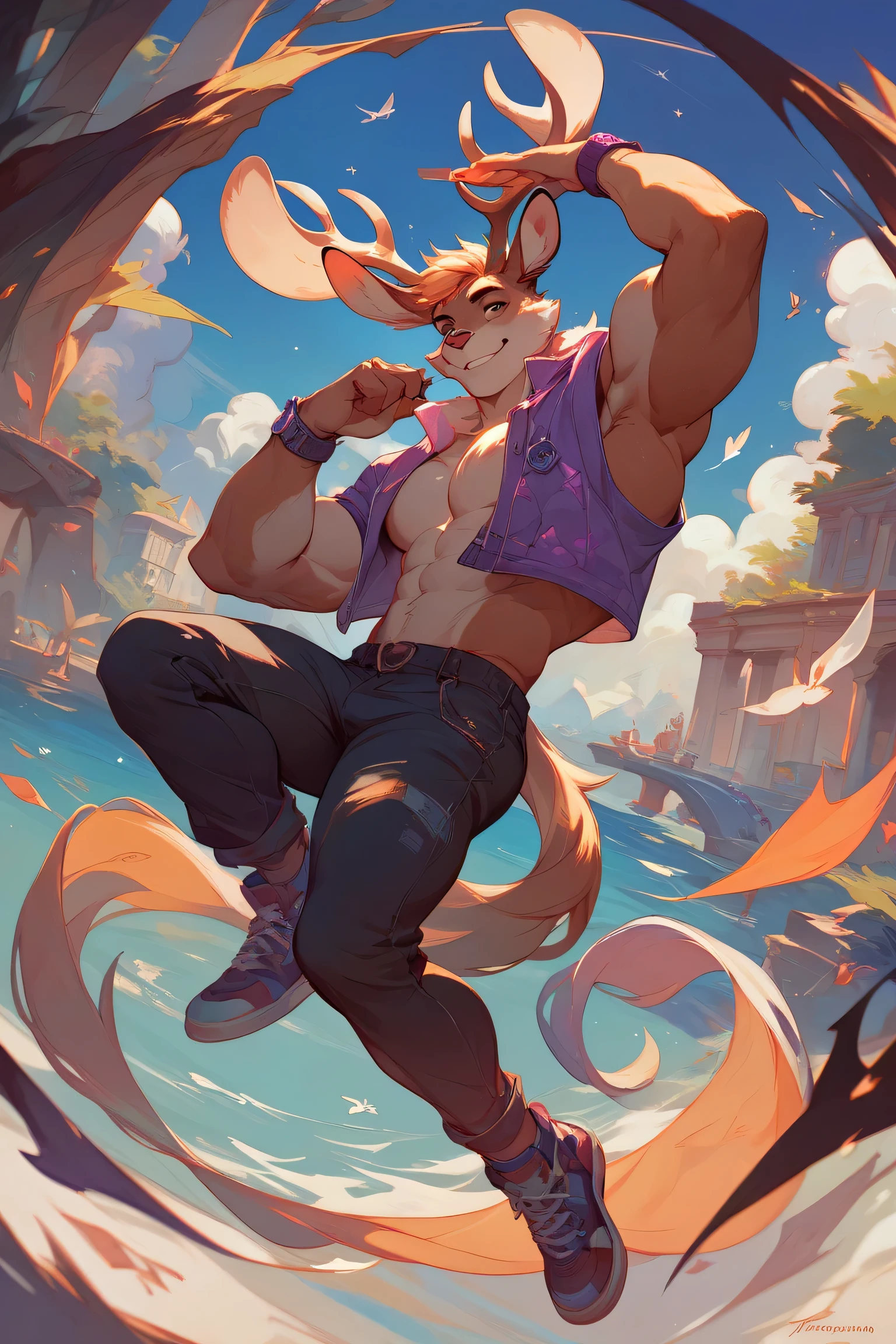  Jackalope , full body, muscular ,  Male , furry , purple black and fuchsia , antlers , long rabbit ears (score_9 , score_8_up , score_7_up , score_6_up , score_5_up , score_4_up)