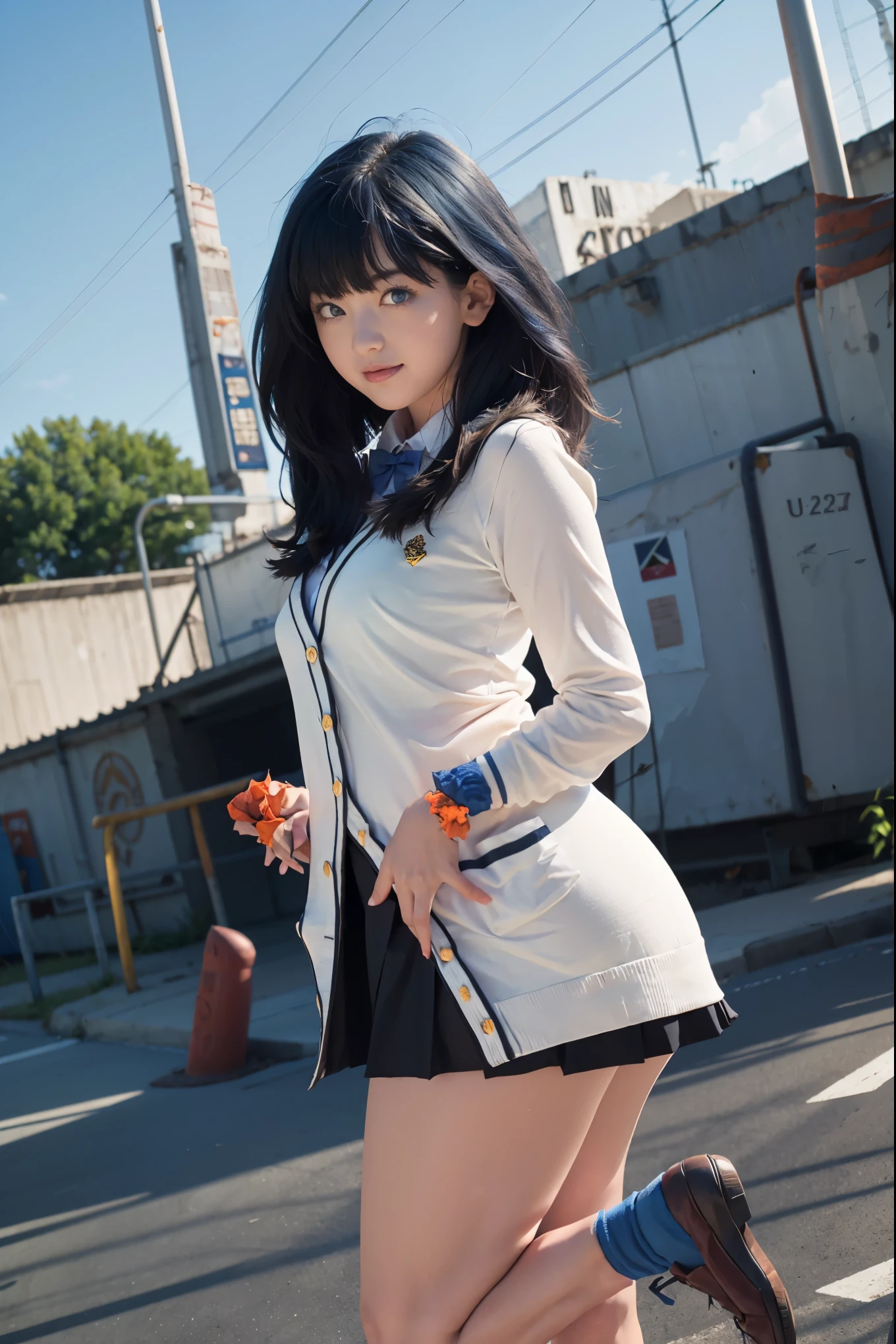 1girl, solo, Japanese beautiful girl, 17 years old, hight school student, looking at viewer, (smile:1.1),
short stature, moderate waist, , big ,
(Best quality, 8k, 32k, Masterpiece, UHD:1.2),
beautiful face, perfect face, highly detailed beautiful face and eyes, attractive face, detailed skin, skin blemish, real human skin, perfect skin, Beyondv4,
BREAK
(upper body, portrait:1.2), standing, pose, dynamic angle, Cinematic Lighting,
takarada rikka, RikkaT, white cardigan,
rikka takarada, blue eyes, (dark blue hair:1.5), long hair, orange scrunchie, scrunchie, wrist scrunchie,
black footwear, black skirt, bow, bowtie, buttons, cardigan, collared shirt, long sleeves, microskirt, pleated skirt, red bow, red bowtie, red socks, school uniform, shirt, shoes, skirt, socks, thighs, white cardigan, white shirt,