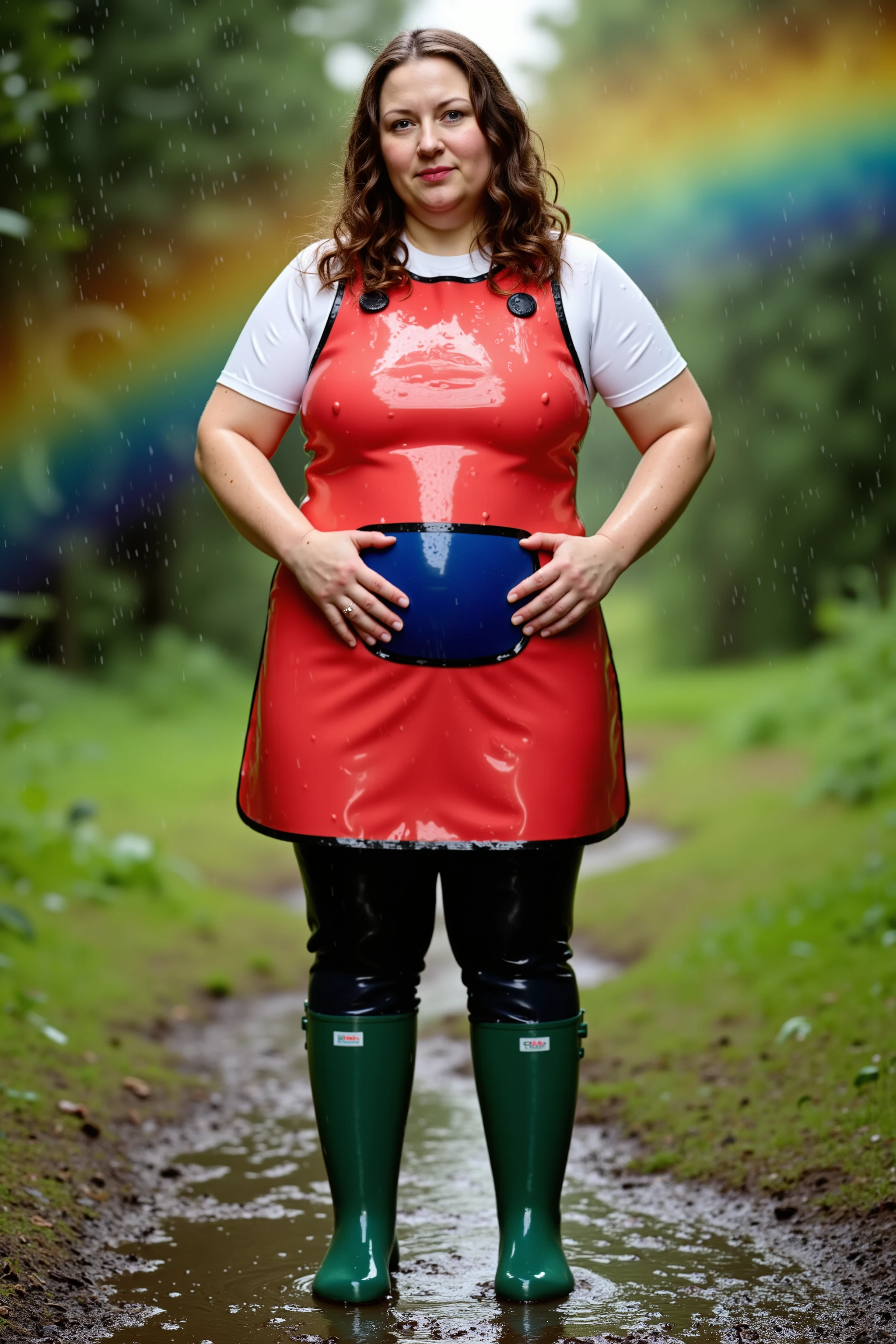 A 74 year old elderly fat woman with long brown hair, the woman stands on a forest path of grass and thick heavy mud, she wears green rubber boots, she wears black latex jeans that are heavy and have red pockets, she wears a heavy thick red shiny rubber lead apron with a blue pocket and a thick pink belt tightly fastened at her abdomen, she wears a shining white polished latex shirt with short sleeves, tiny water droplets are on her and her clothes from a rain mist, a rainbow in the sky