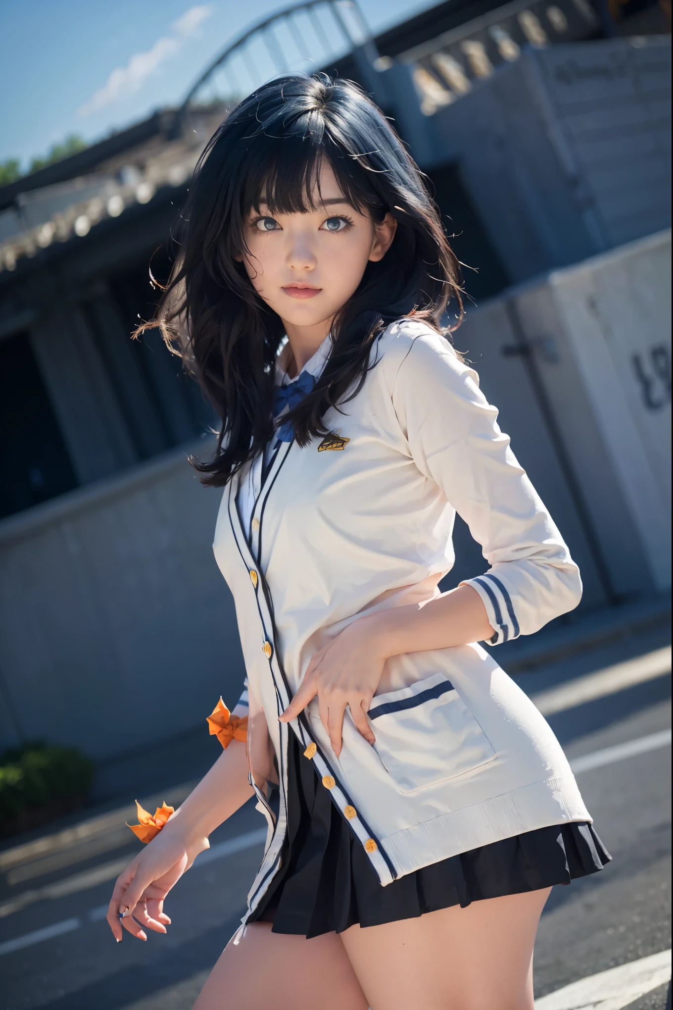 1girl, solo, Japanese beautiful girl, 17 years old, hight school student, looking at viewer, (smile:1.1),
short stature, moderate waist, , big ,
(Best quality, 8k, 32k, Masterpiece, UHD:1.2),
beautiful face, perfect face, highly detailed beautiful face and eyes, attractive face, detailed skin, skin blemish, real human skin, perfect skin, Beyondv4,
BREAK
(upper body, portrait:1.2), standing, pose, dynamic angle, Cinematic Lighting,
takarada rikka, RikkaT, white cardigan,
rikka takarada, blue eyes, (dark blue hair:1.5), long hair, orange scrunchie, scrunchie, wrist scrunchie,
black footwear, black skirt, bow, bowtie, buttons, cardigan, collared shirt, long sleeves, microskirt, pleated skirt, red bow, red bowtie, red socks, school uniform, shirt, shoes, skirt, socks, thighs, white cardigan, white shirt,